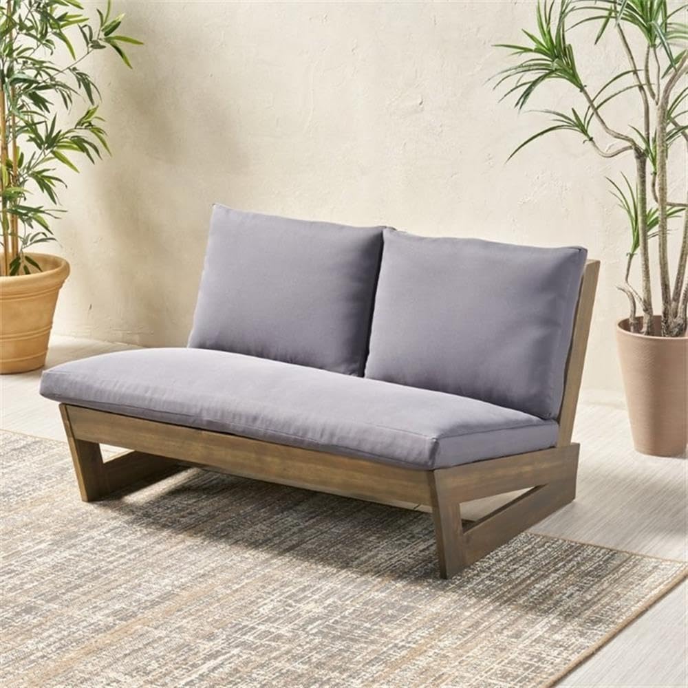 Waterproof Outdoor Patio Wood Loveseat with Gray Cushion - Perfect for Garden, Backyard, Poolside & Balcony Relaxation