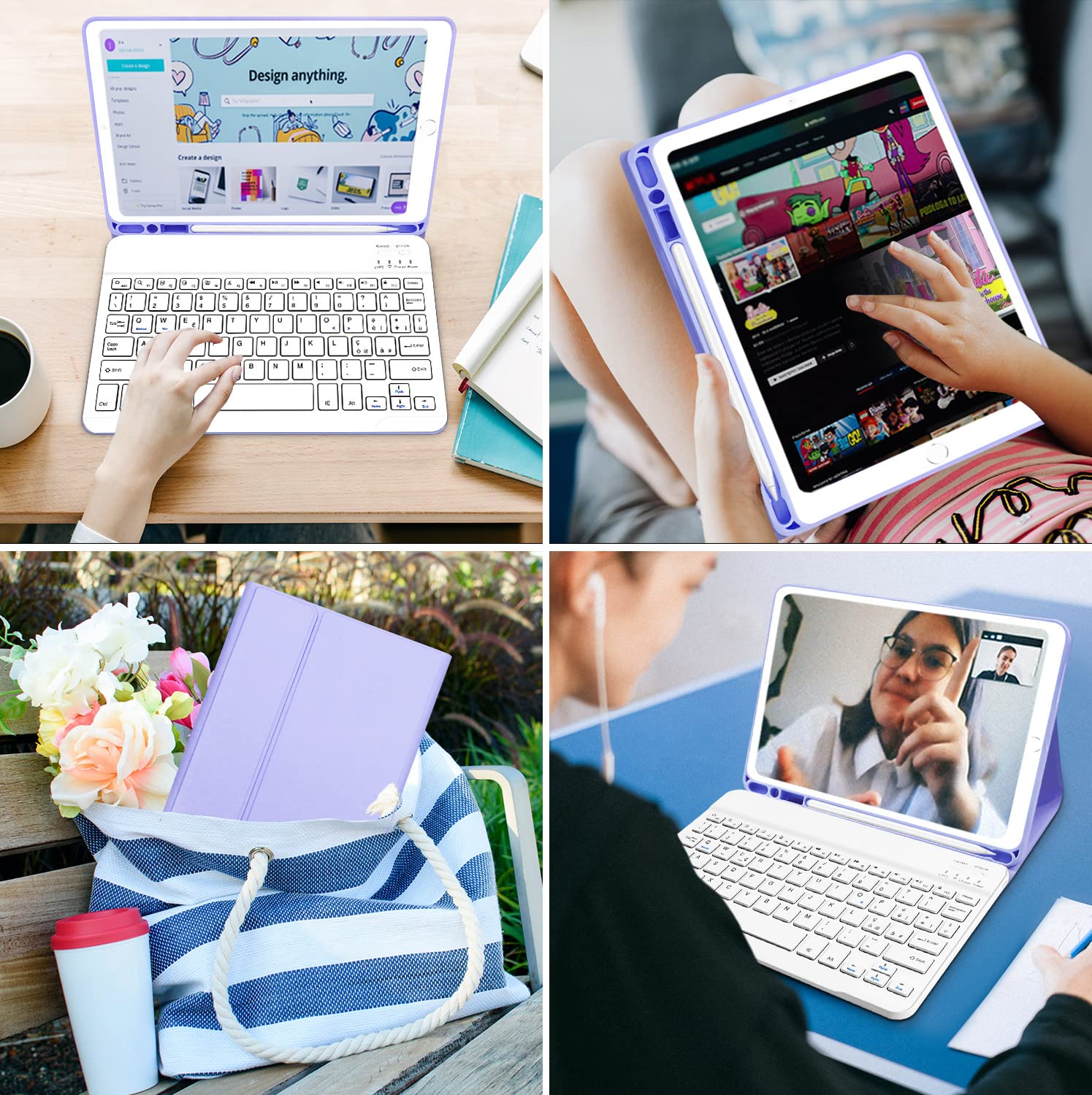 Lielax Bluetooth Keyboard Case for iPad 10.2 (2021/2020/2019 9th/8th/7th Gen), iPad Air 3 & iPad Pro 10.5 - Detachable QWERTY Keyboard, Pencil Holder Stand, Purple | Perfect for Work, Study & Travel