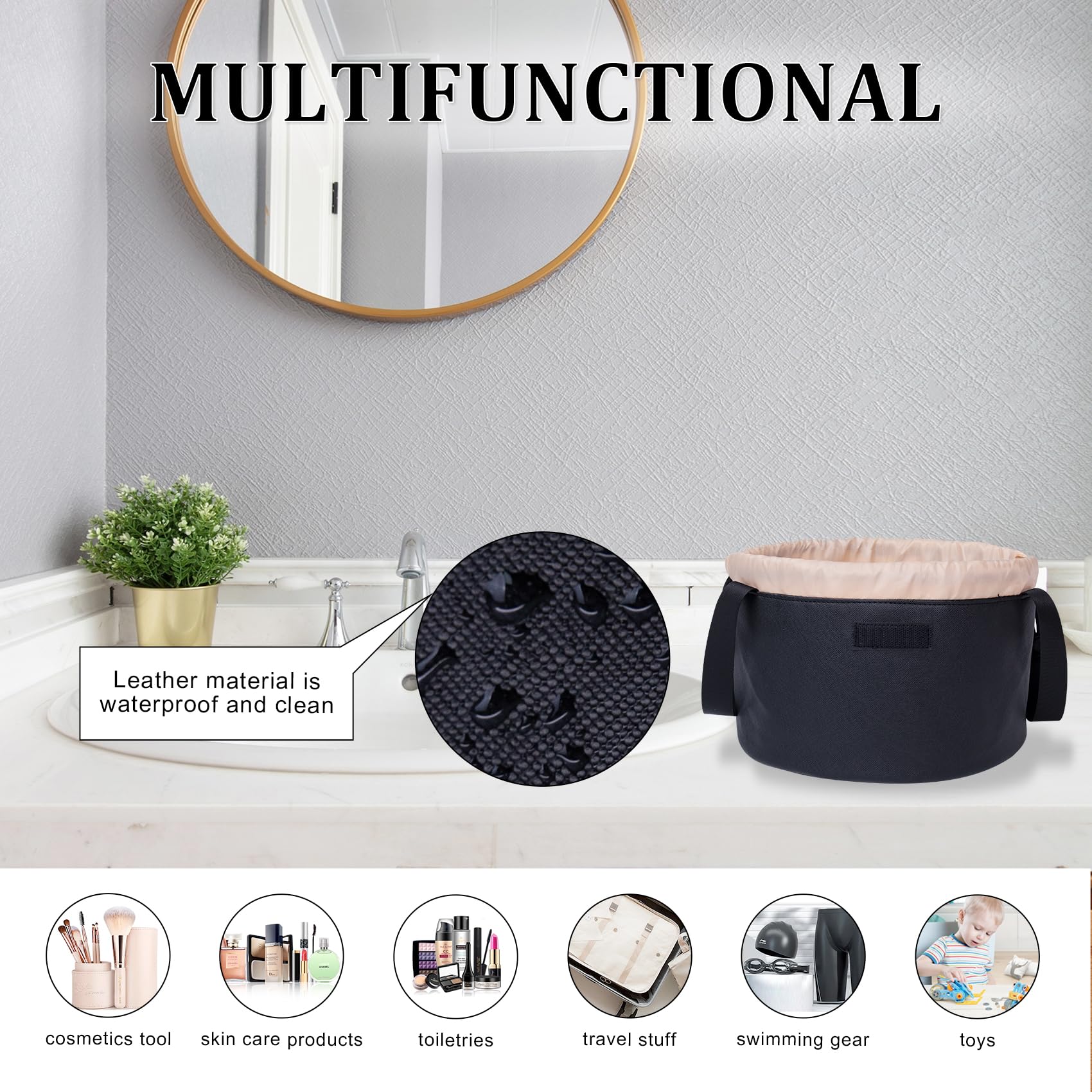 Large Leather Drawstring Makeup Organizer Bag - Waterproof Travel Cosmetic & Toiletry Pouch for Women's Brushes & Accessories (Black) - Perfect for Vacation, Gym, Daily Use & On-the-Go Organization