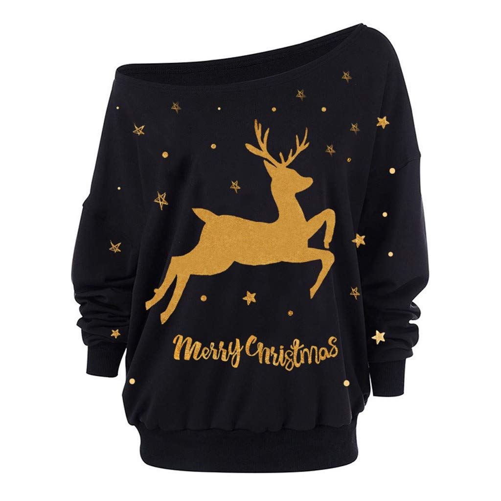 ZEFOTIM Women's Christmas Long Sleeve Wapiti Print Blouse Sweatshirt Pullover Casual Tops - Cozy Holiday Outfit for Parties, Family Gatherings & Winter Fashion
