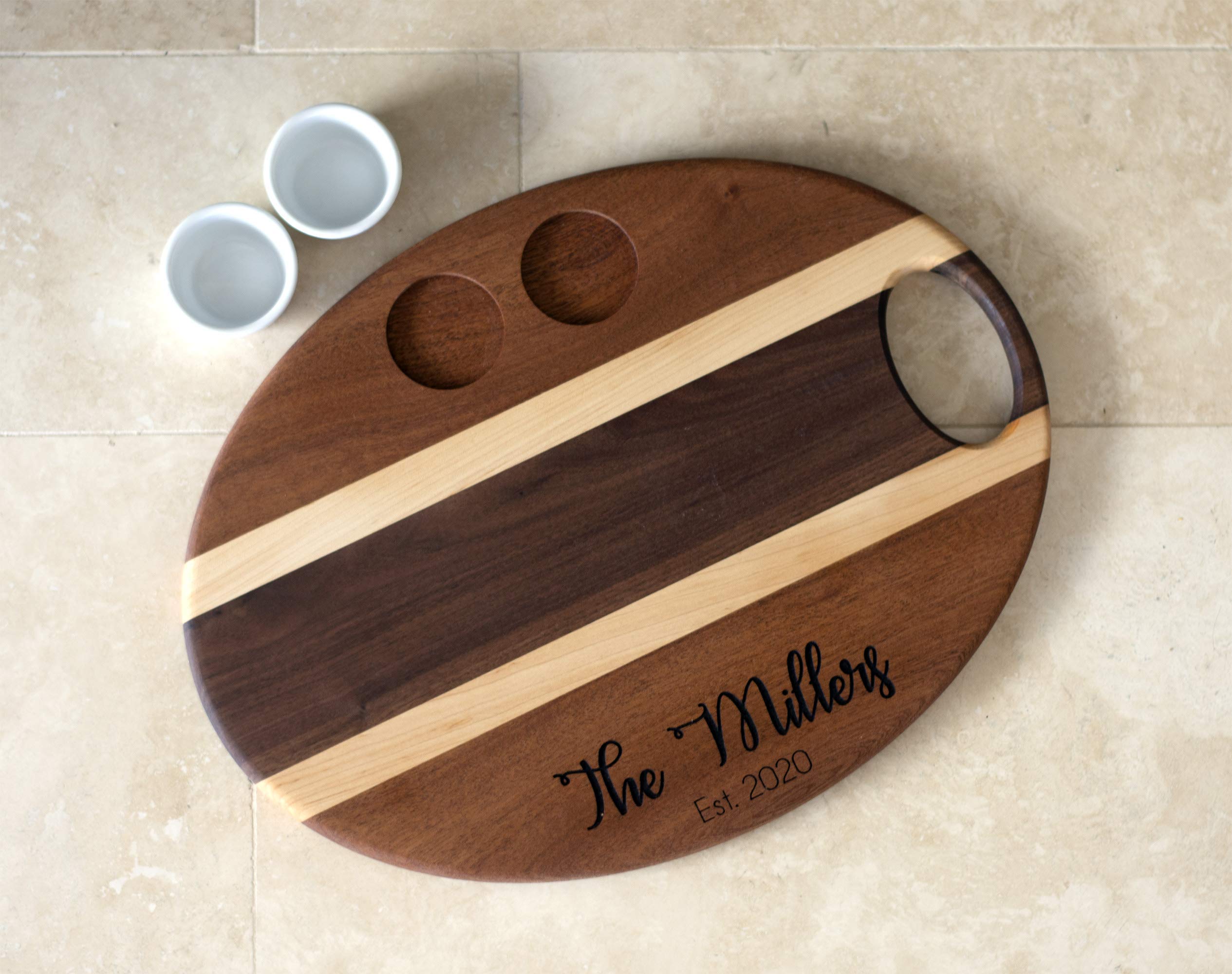 Personalized Handmade Hardwood Charcuterie & Cheese Board Set with 2 Ceramic Cups - Perfect for Wine Tasting, Cheese Platters & Charcuterie Parties - Wedding, Housewarming & Holiday Gift Idea