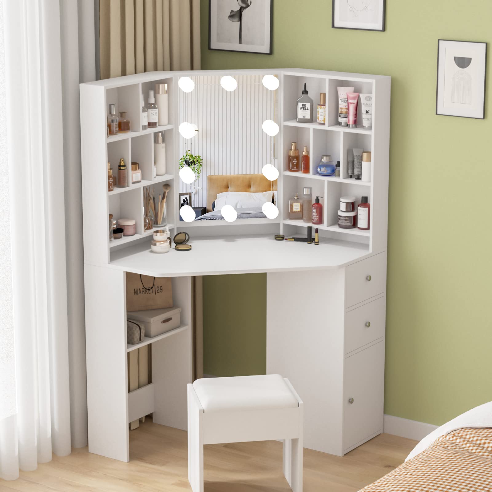 Fameill White Corner Makeup Vanity Desk with LED Lighted Mirror - 46 Inch Dressing Table with 3 Adjustable Lighting Modes & Ample Storage for Bedroom - Perfect for Makeup Application, Skincare Routine, and Home Decor