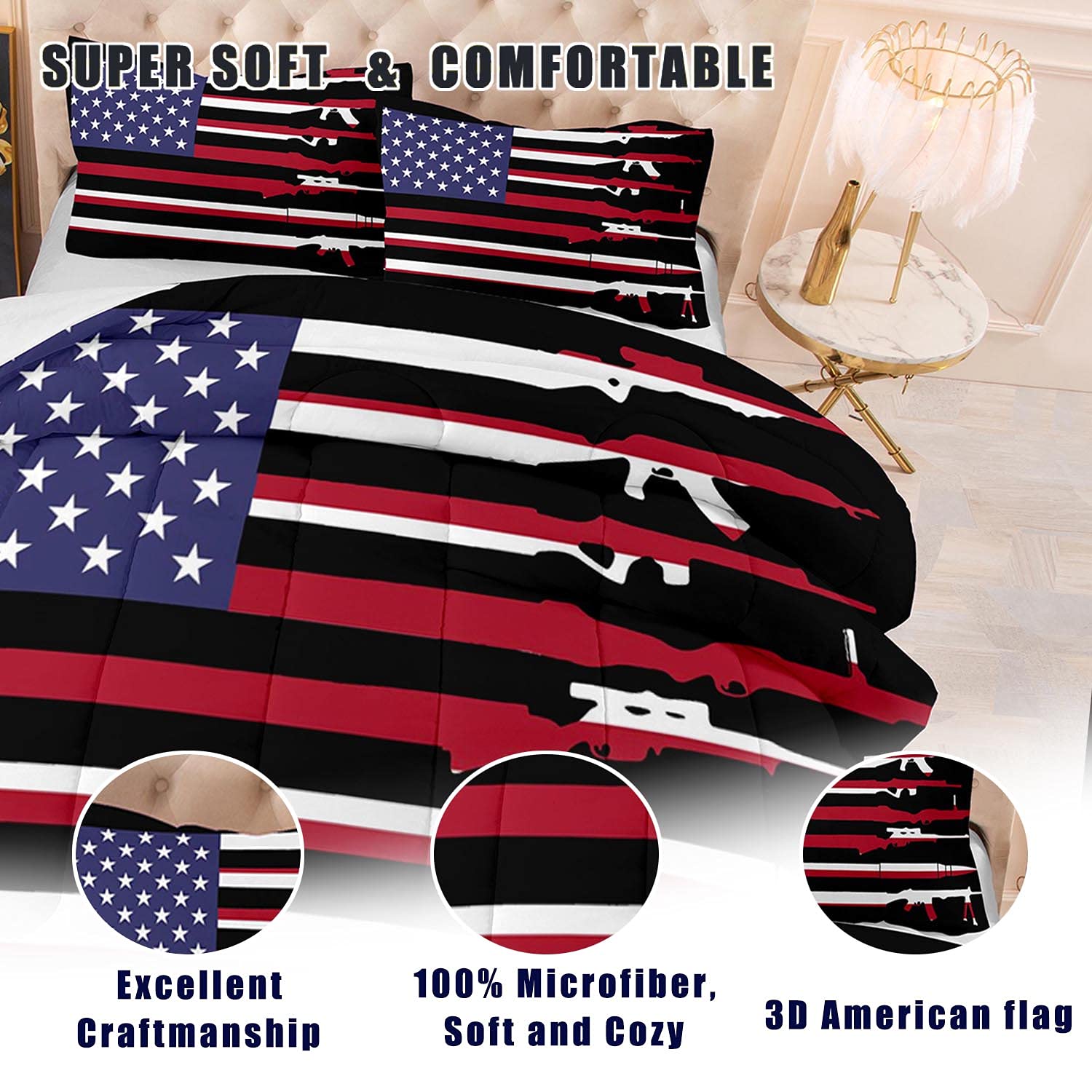 Patriotic American Flag Bedding Set - Army Camo Comforter Queen Size for Boys & Teens - Kids Bedding Set with Pillowcases - Perfect for Military Themed Rooms, Teen Bedrooms & Patriotic Home Decor