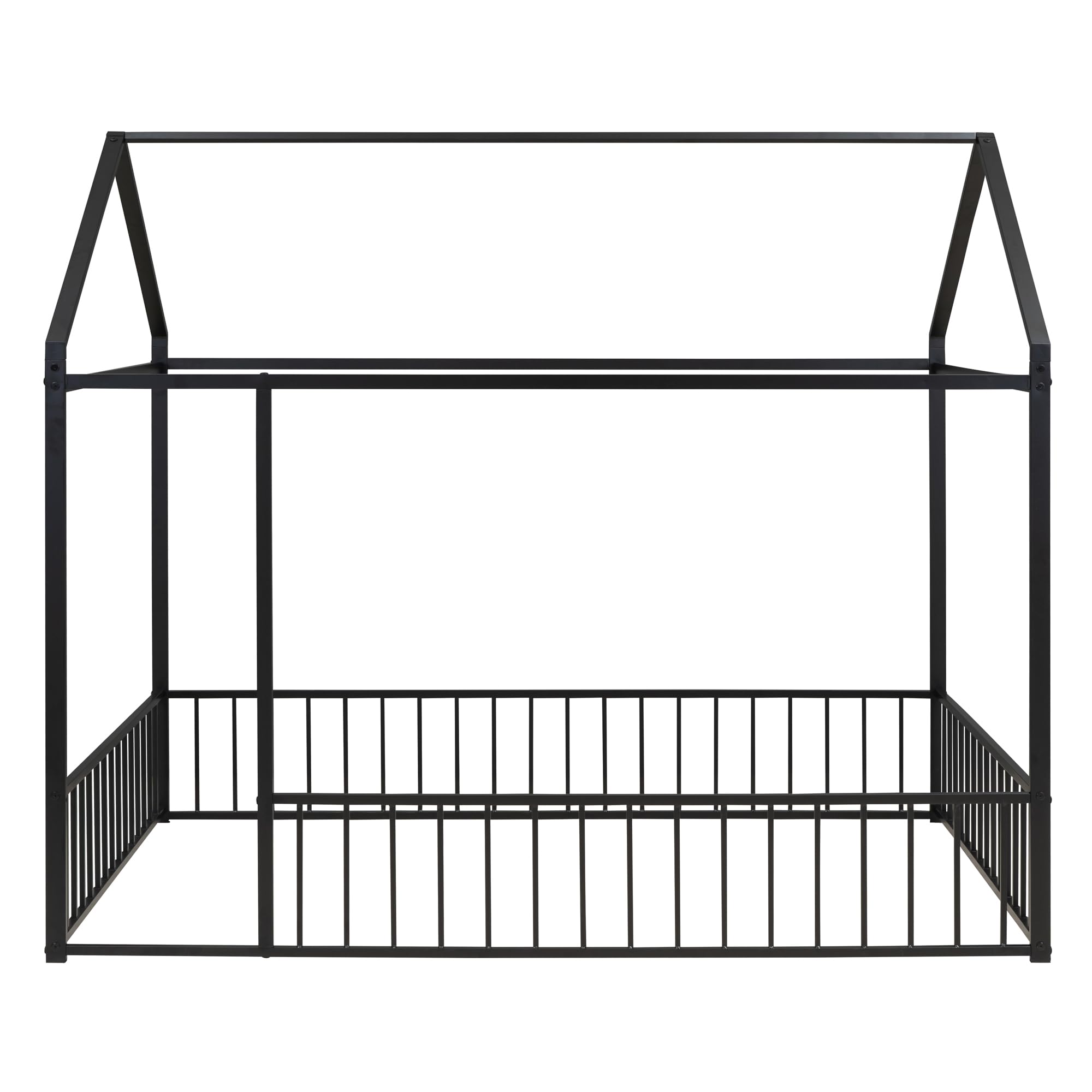 Montessori Floor Bed for Kids - Full Size Metal House Bed Frame with Safety Fence, Black Playhouse Toddler Bed for Boys & Girls - Perfect for Montessori Bedrooms, Playrooms & Safe Sleep Spaces