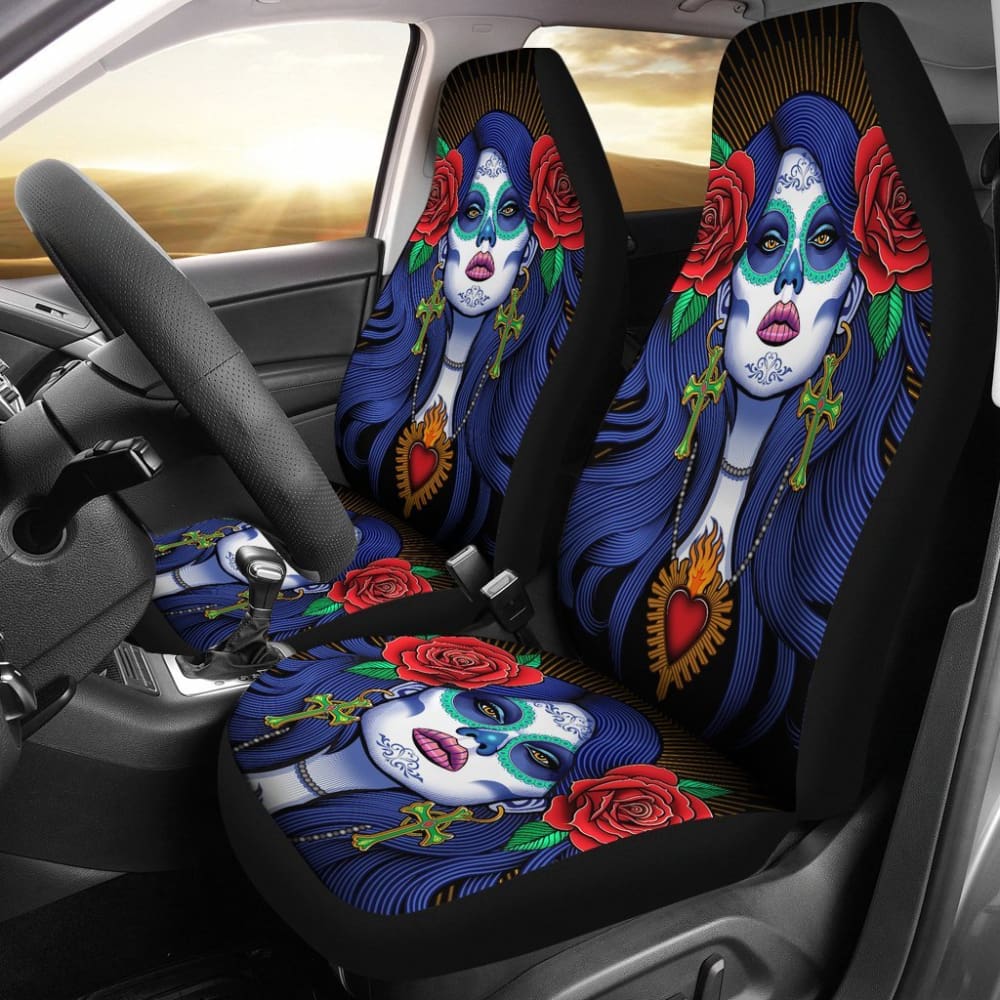 2 Pcs Sugar Skull Girl Car Seat Covers - Gothic Floral Design Universal Fit for Most Vehicles - Perfect for Halloween, Dia de Los Muertos & Car Decor