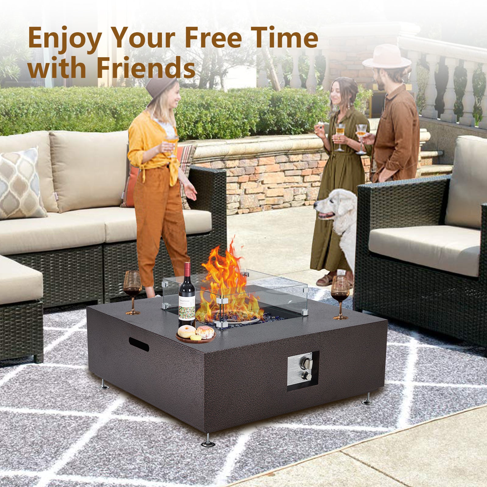 GARVEE 36-Inch 50,000 BTU Propane Fire Pit Table with Wind Guard - 11lbs Fire Glass Beads, Weatherproof Rain Cover, Durable Steel Rust-Resistant Finish - CSA Certified Bronze Patio Heater for Outdoor Backyard, Deck, Garden, and Camping