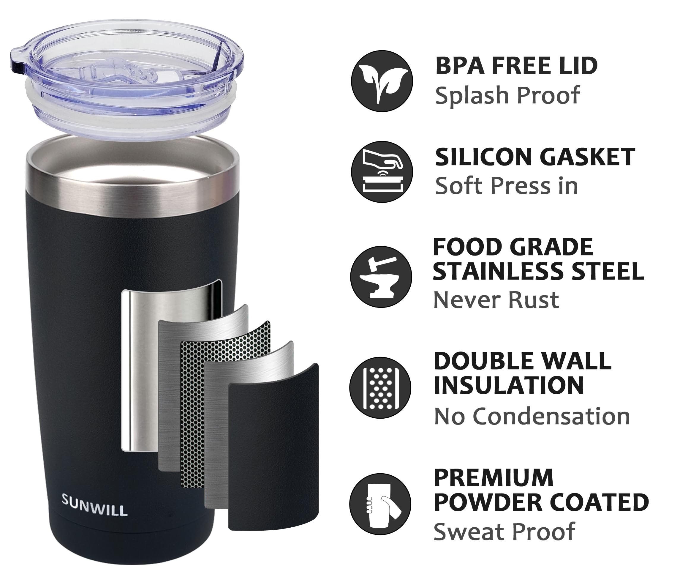 SUNWILL 20 oz Insulated Stainless Steel Travel Coffee Tumbler with Lid - Powder Coated Black - Leakproof Hot & Cold Mug for Camping, Office, Commute, and Outdoor Activities