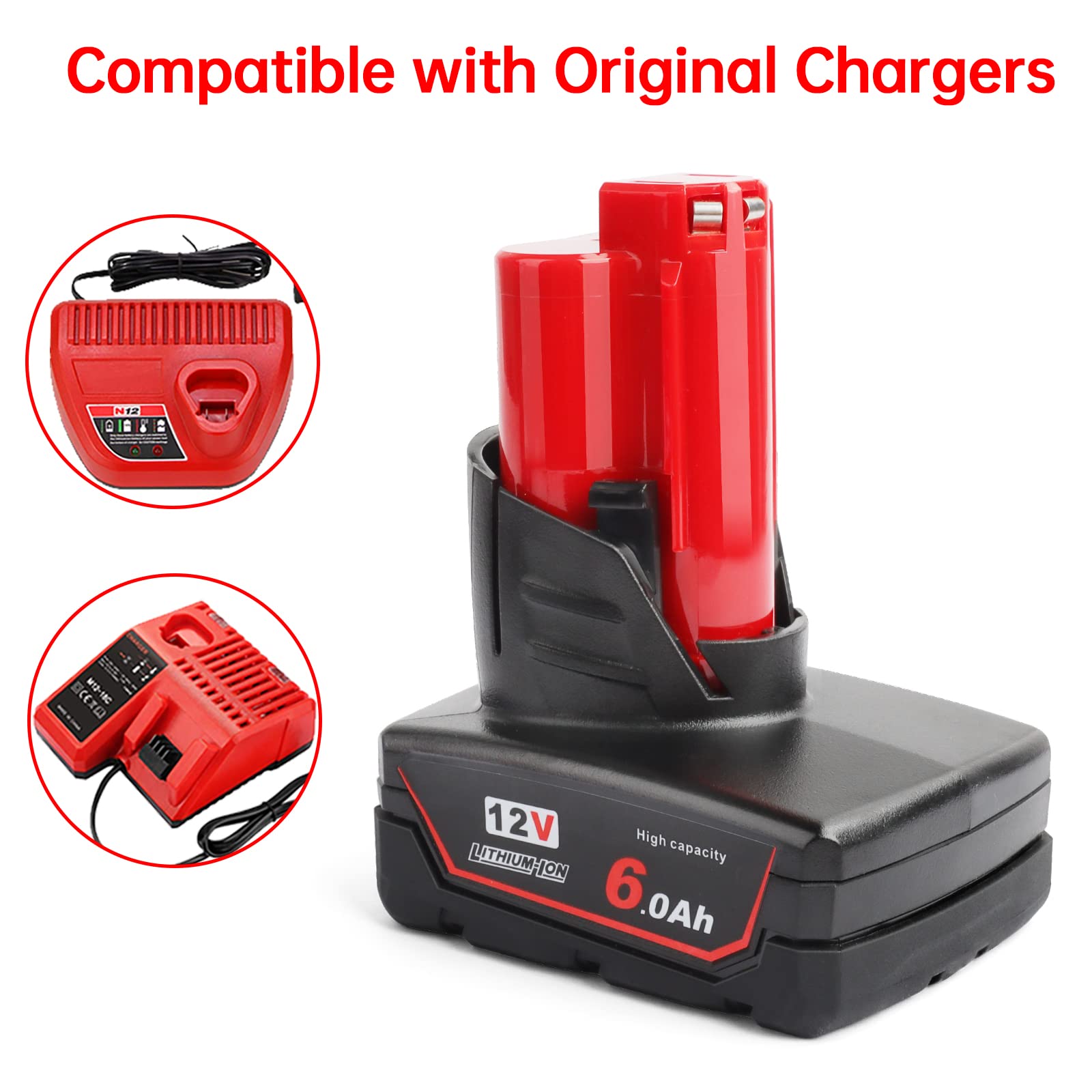 2 Pack 12V 6Ah Lithium-ion Replacement Battery for Milwaukee 12V Power Tools - Compatible with Milwaukee 48-11-0490, 48-11-2402, 48-11-2411, 48-11-2430 - LED Power Indicator - Perfect for Drills, Saws, and Other 12V Cordless Tools (Not Made by Milwaukee)