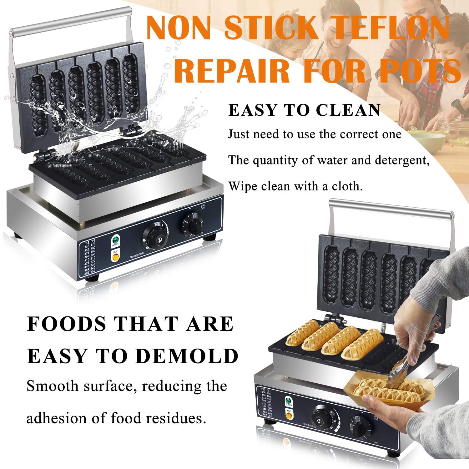 Commercial Corn Dog Waffle Maker 1600W - 6 Slice Non-Stick Stainless Steel Waffle Iron with Temperature & Time Control - Perfect for Restaurants, Bakeries, Snack Bars & Home Use - Make Delicious Corn Dog Waffles with Lolly Sticks for Parties, Events & Quick Snacks