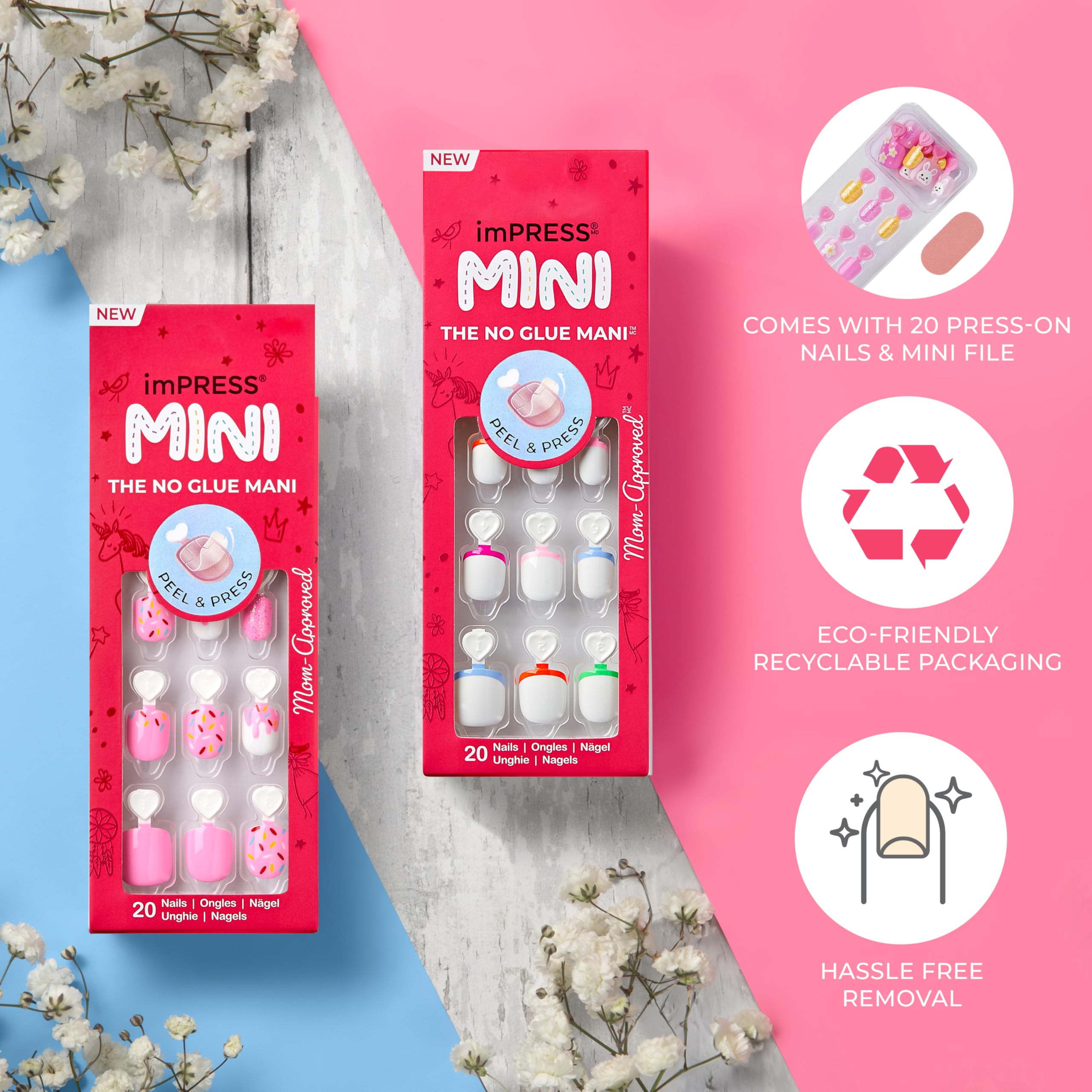 KISS imPRESS No Glue Press On Nails for Kids - Dream Big Pink Fake Nails | 20 Removable Nail Tabs, Mini Nail File | Easy DIY Manicure for Girls, Birthday Parties & Playdates