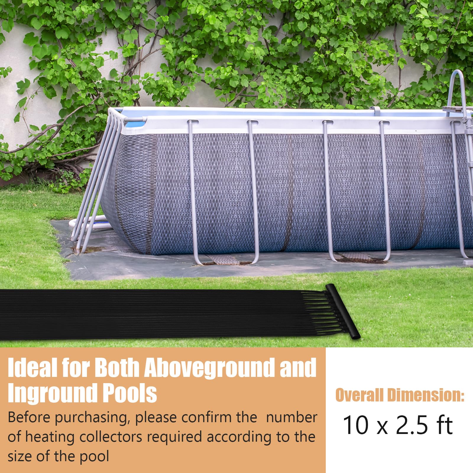 Goplus 2.5FT x 10FT Solar Pool Heater for Above Ground & Inground Pools - Weatherproof Swimming Pool Solar Panel Heating System - Perfect for Backyard, Residential & Commercial Pool Heating (2.5FT x 10FT)