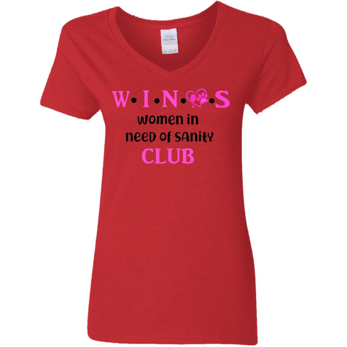 WineyBitches.Co WINOS Club Women's 5.3 oz V-Neck T-Shirt with Pink Lettering - Perfect for Wine Tasting, Girls Night Out & Casual Wear