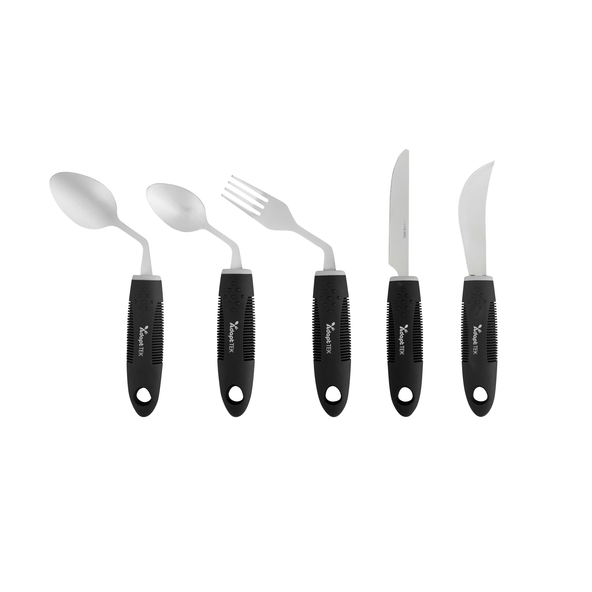Adapt Tek Black Stainless Steel 5-Piece Adaptive Offset Utensil Set for Right-Handed Users - Lightweight, Non-Slip Grip (1 Count) - Ideal for Arthritis & Limited Mobility in Kitchen