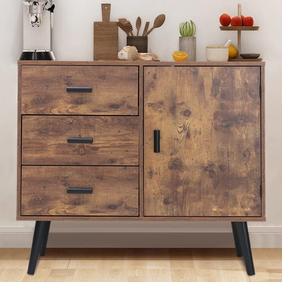 IWELL Mid Century Storage Cabinet with Door & 3 Drawers - Adjustable Shelf Floor Cabinet for Living Room, Bedroom, Home Office - Rustic Brown - Perfect for Organizing Books, Blankets & Home Decor