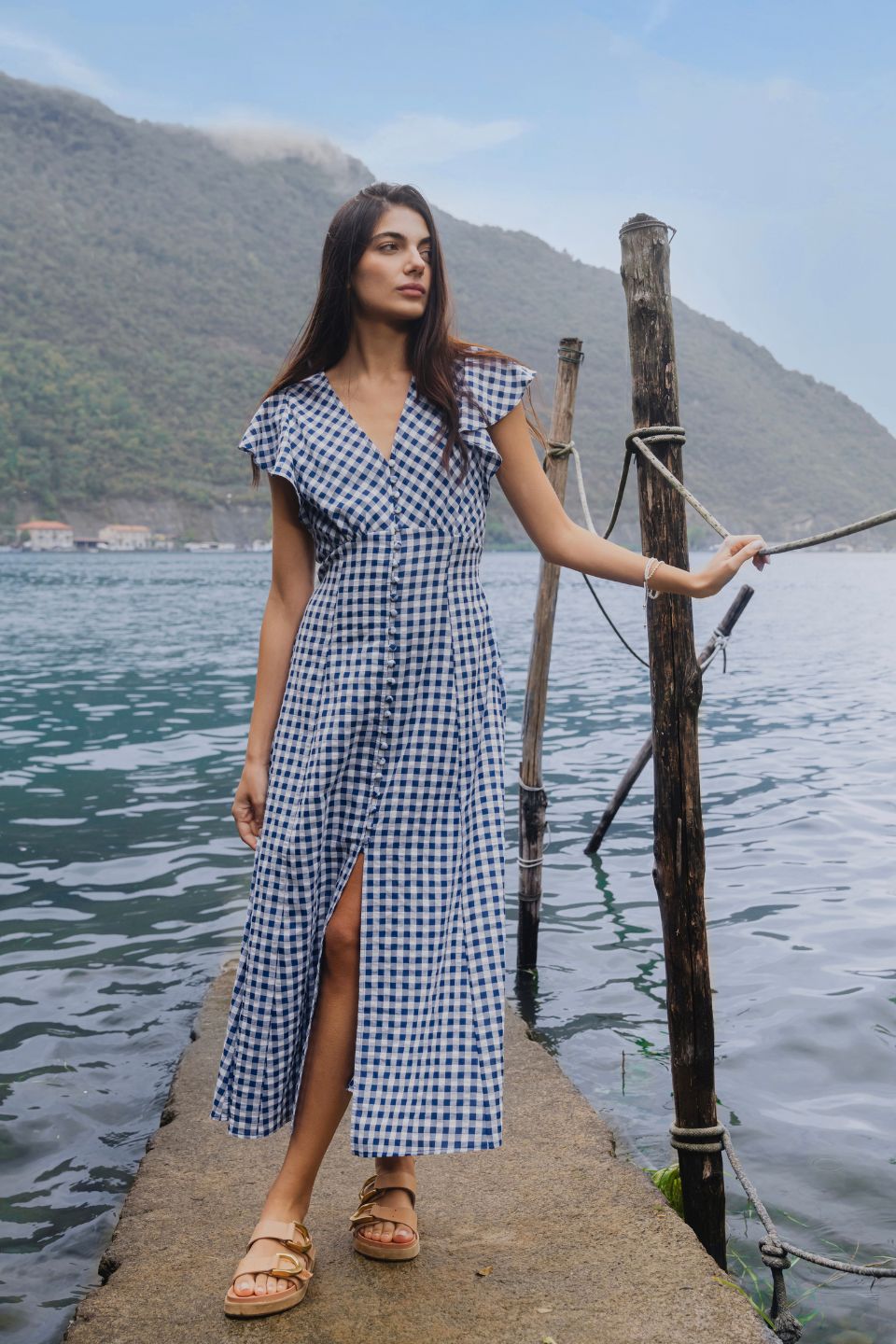 Flawless Navy Gingham Cotton Fluted Sleeve Button Front Midi Dress for Women | Summer Casual & Office Wear | Perfect for Brunch, Work, and Special Occasions