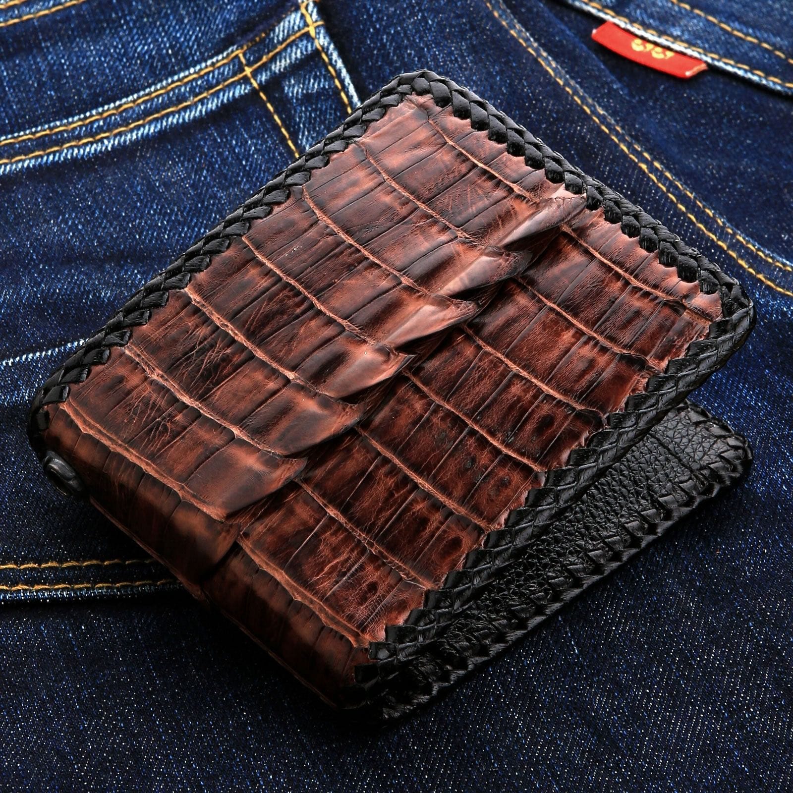 Premium Dark Brown Crocodile Leather Bifold Wallet for Men - Slim RFID Blocking Biker Wallet - Perfect for Motorcycle Riders, Travel & Everyday Carry