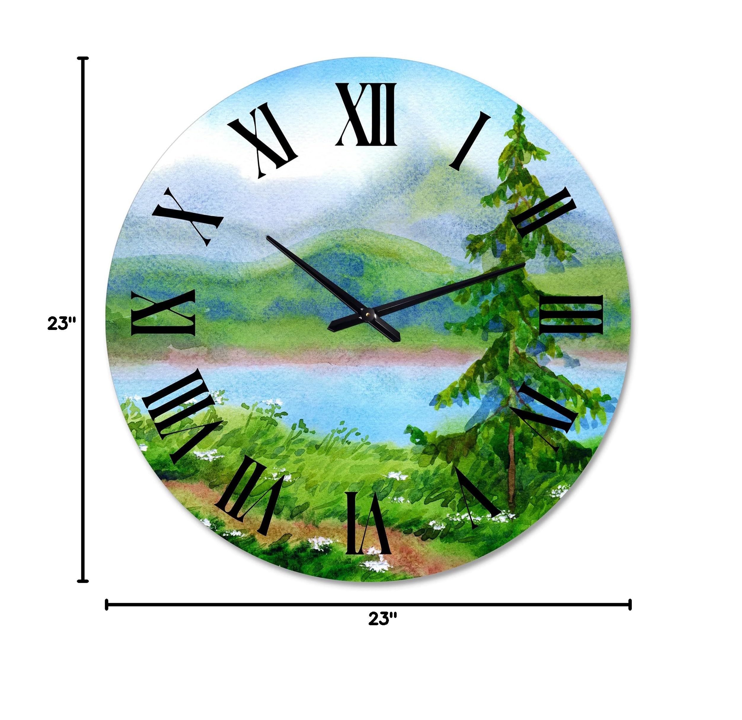 DesignQ Traditional Large Wall Clock - 'Landscape Spruce Near The Trail On A Hill' Nature-Inspired Decor for Living Room, Bedroom & Office | Silent Non-Ticking Mechanism