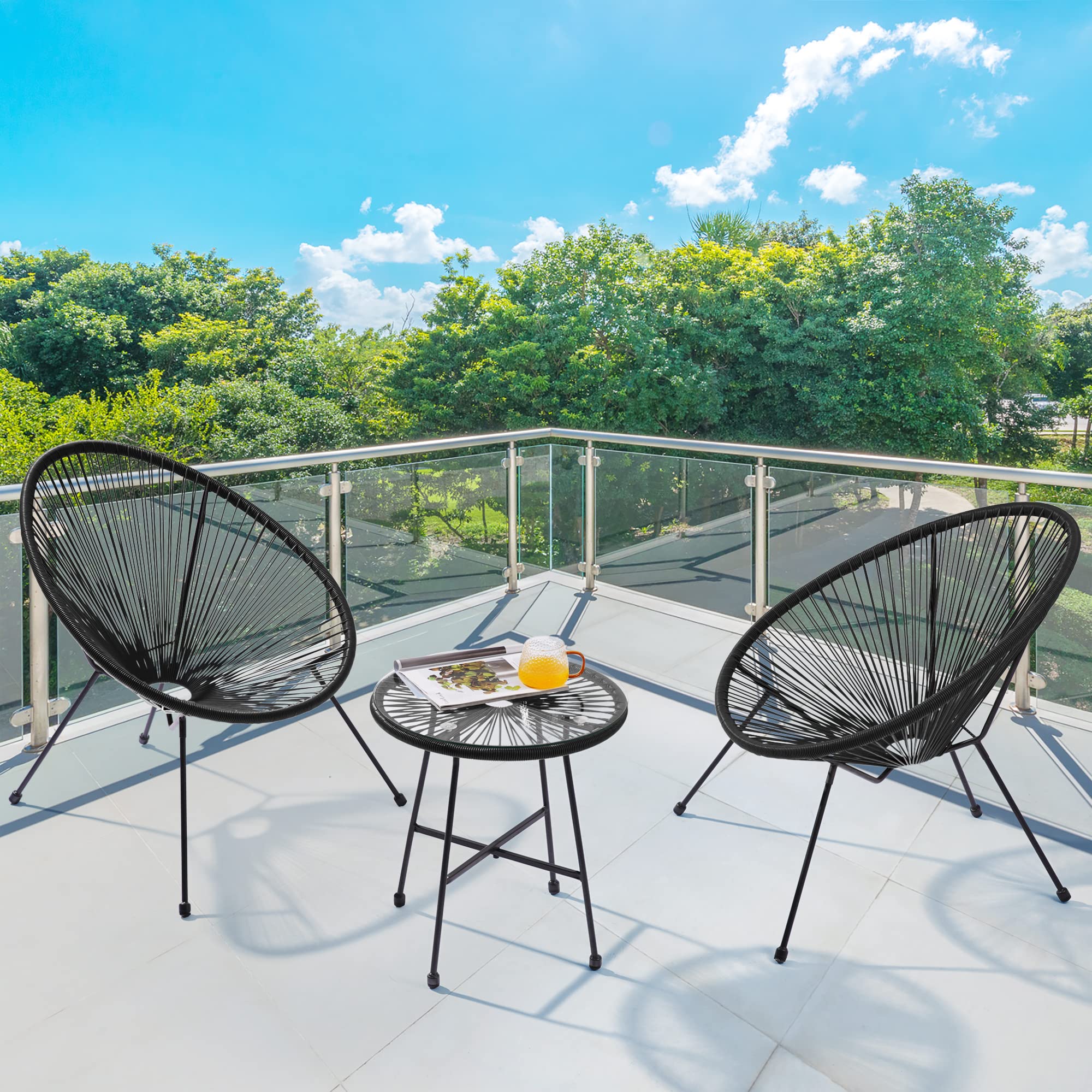 3-Piece Patio Furniture Set - Acapulco Chair with Tempered Glass Top Table & 2 Chairs - Indoor Outdoor Seating for Garden, Balcony, Poolside - Black