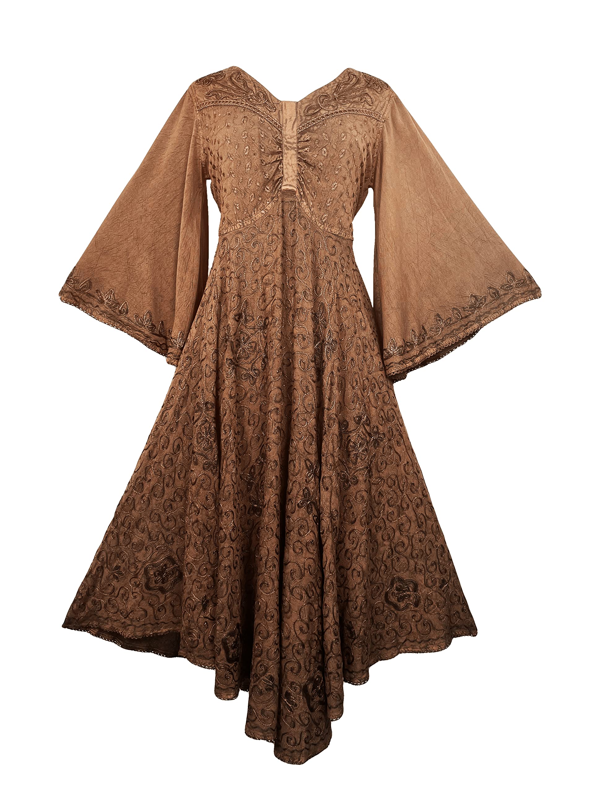 Agan Traders Women's 2025 Spring Bohemian Medieval Renaissance Embroidered Bell Sleeve Flared Calf-Length Dress Gown - Perfect for Renaissance Fairs, Themed Parties & Boho Fashion Events