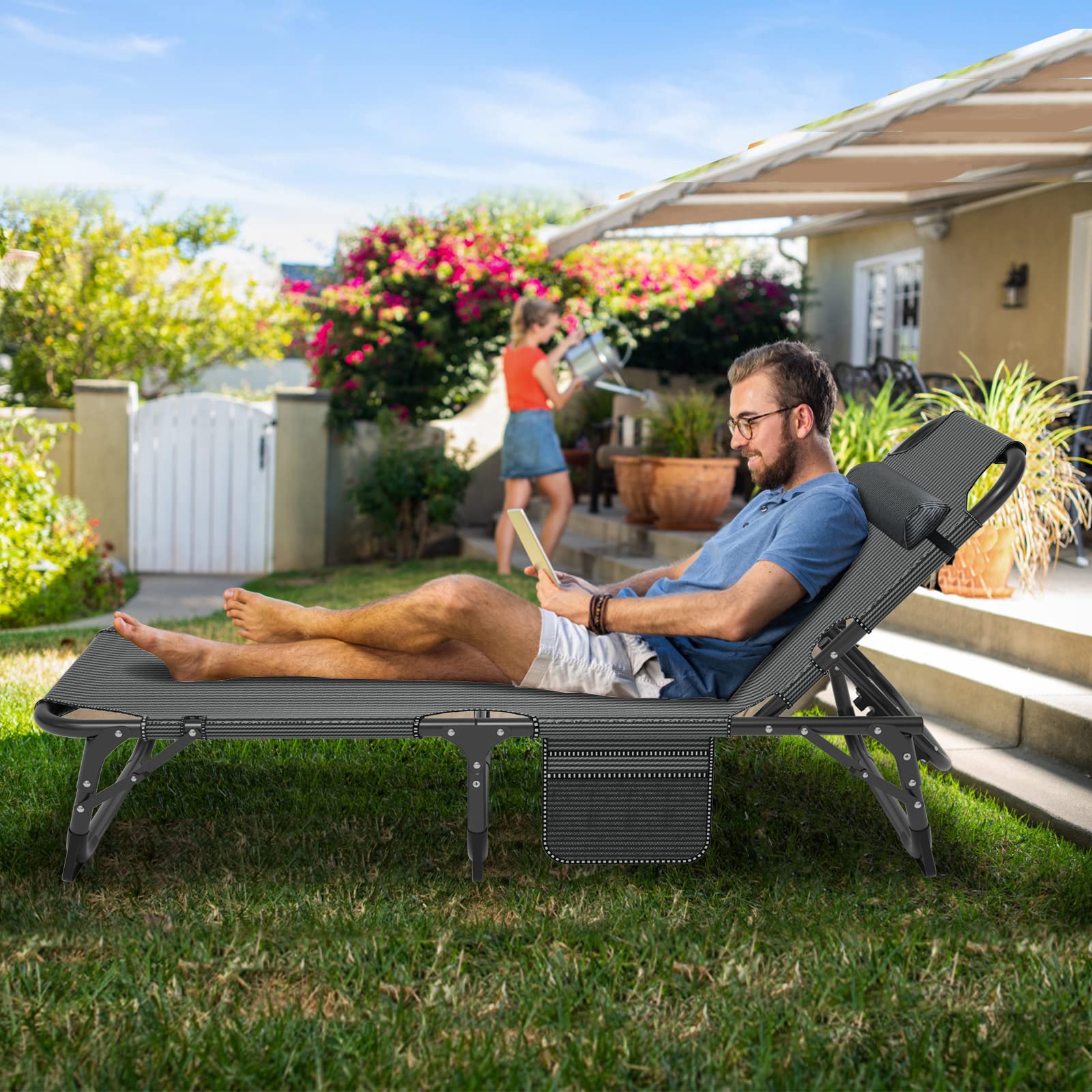 ABORON Heavy Duty Folding Lounge Chair for Outdoor - 500lb Capacity Portable Cot for Adults, Beach Poolside Sunbathing, Camping & Patio Relaxation - Sturdy Foldable Sleeping Bed for Heavy People