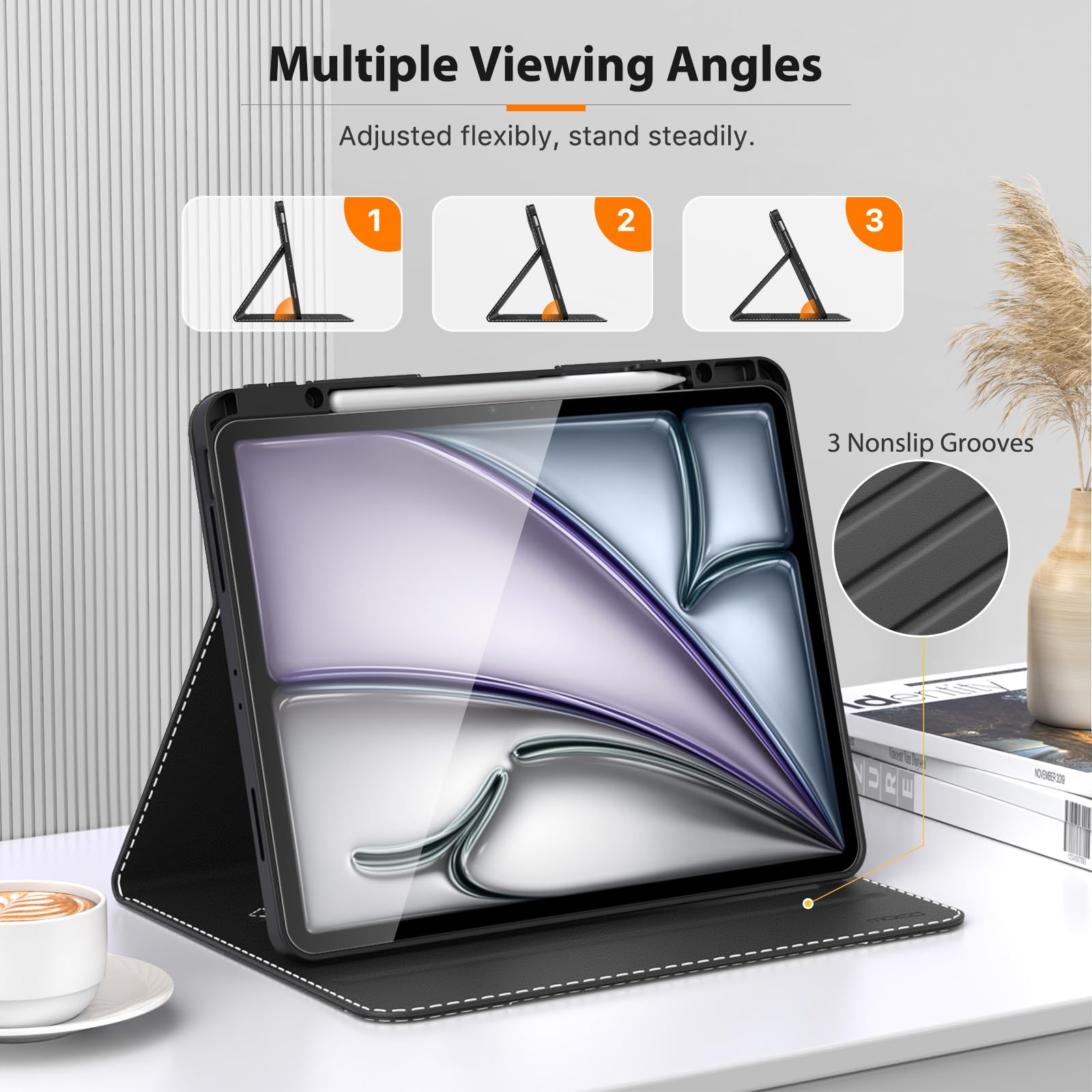 MoKo Premium Leather Folio Stand Cover Case for iPad Air 13 Inch (M3 2025 / M2 2024) & iPad Pro 12.9 Inch (2021/2022) with Apple Pencil Holder - Black | Perfect for Work, Travel & Home Office Use