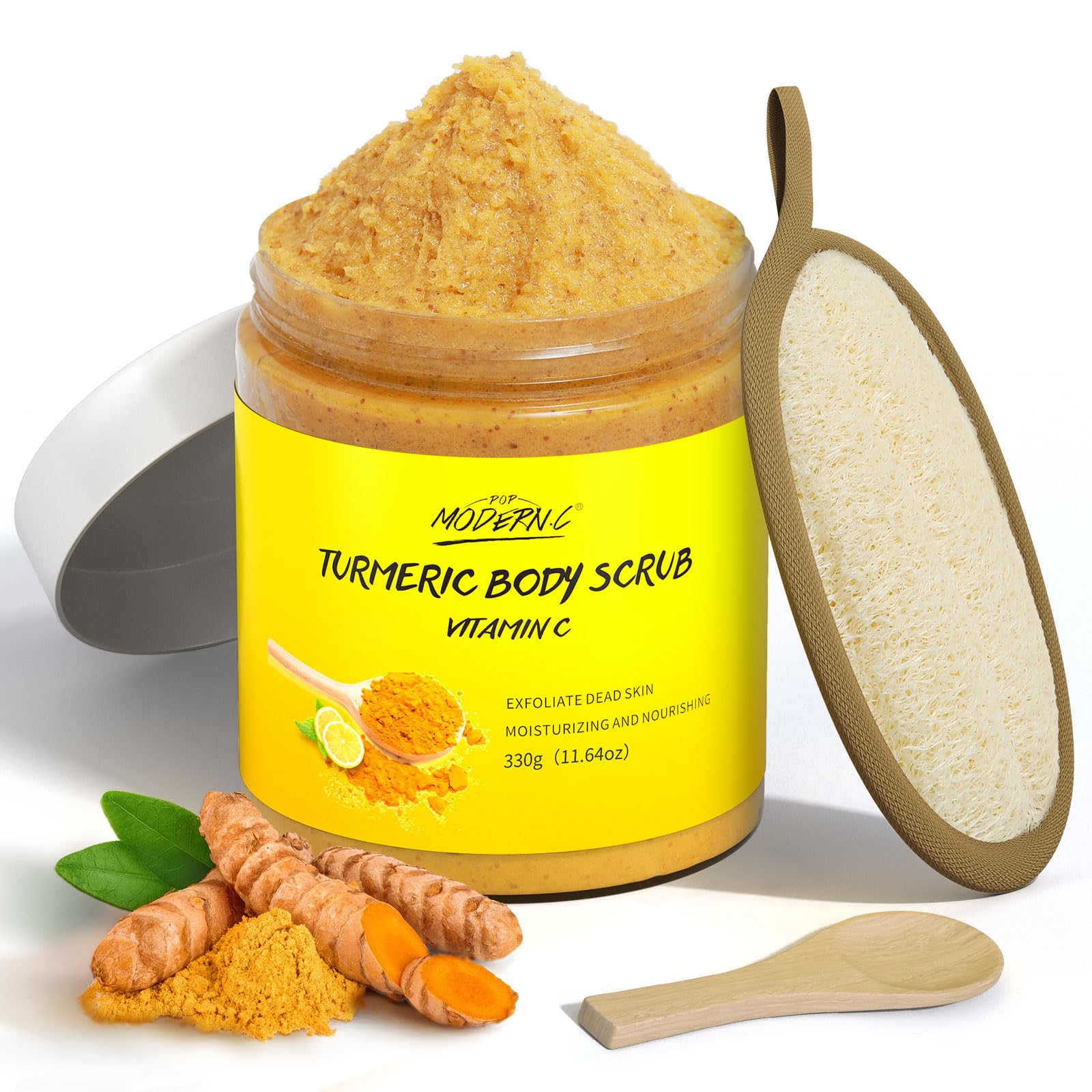 Turmeric & Vitamin C Body Scrub - Natural Exfoliator for Dead Skin Removal, Dark Spot & Acne Treatment - Deep Cleansing Scrub for Body, Butt & Bikini Area - Men & Women Skincare with Loofah - Perfect for Pre-Tanning, Post-Workout & Spa Day Self-Care