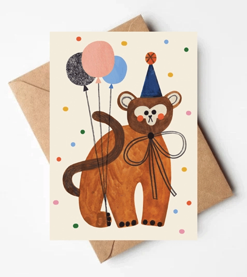 Funny Party Monkey Greeting Card by Daria Solak - Perfect for Birthdays, Anniversaries & Special Occasions