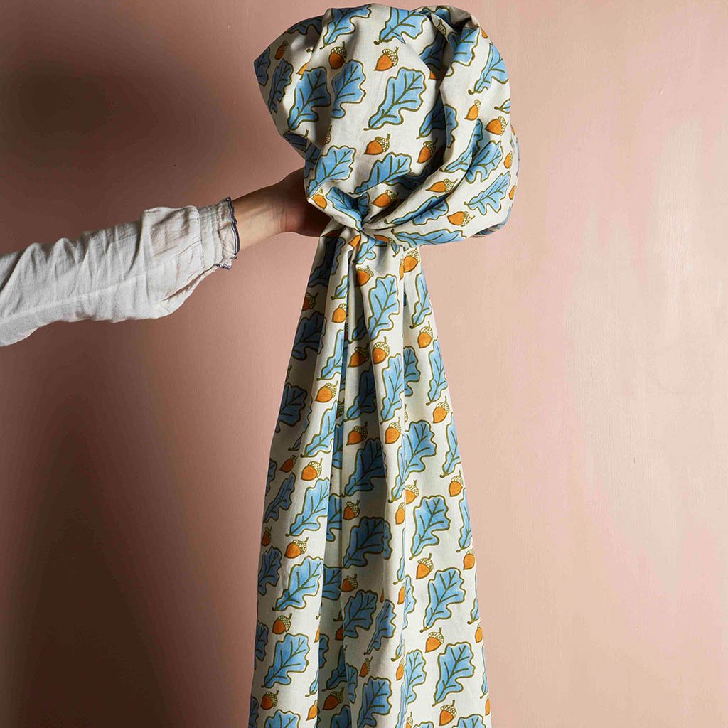 Handmade Blue Linen Fabric with Oak Block Print - Eco-Friendly Home Decor & DIY Crafting Material for Curtains, Table Runners, and Upholstery Projects