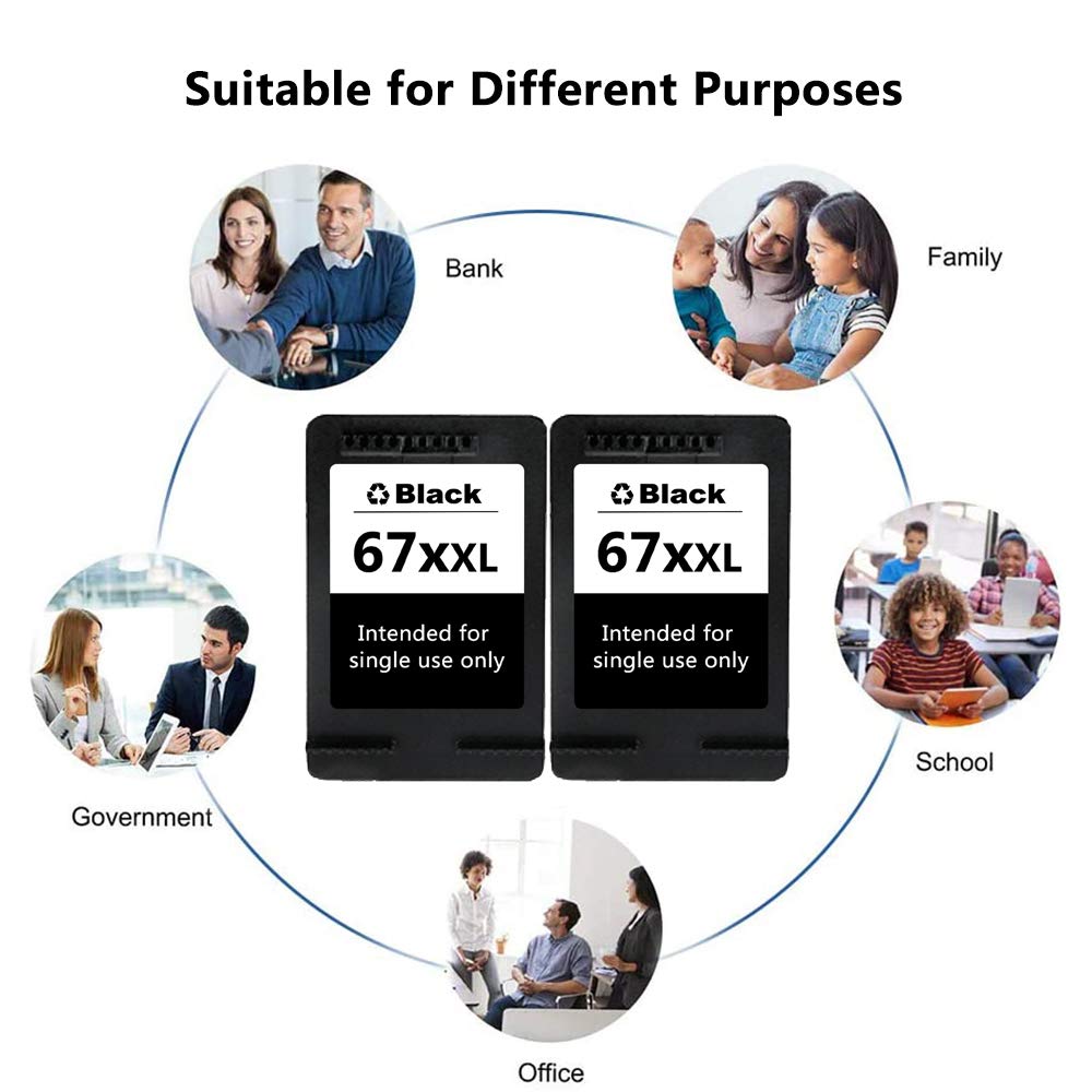 High-Quality HP 67XL Black Ink Cartridge Replacement - Compatible with HP Envy 6052, 6075, Pro 6452, 6458, DeskJet 1255, 2755, Plus 4140, 4158 Printers - 2-Pack Combo - Perfect for Home Office Printing & School Projects