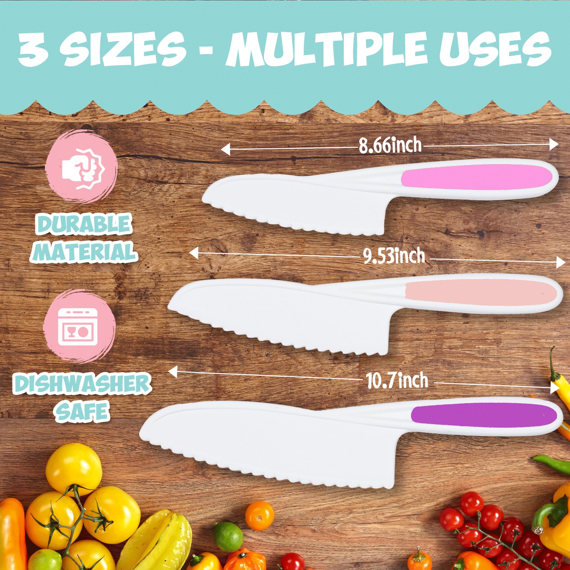 3-Piece Nylon Kitchen Knife Set for Kids - Safe Toddler Knives for Real Cooking & Baking | BPA-Free, Kid-Friendly Utensils (Pink) - Perfect for Little Chefs Learning Food Prep & Family Cooking Activities