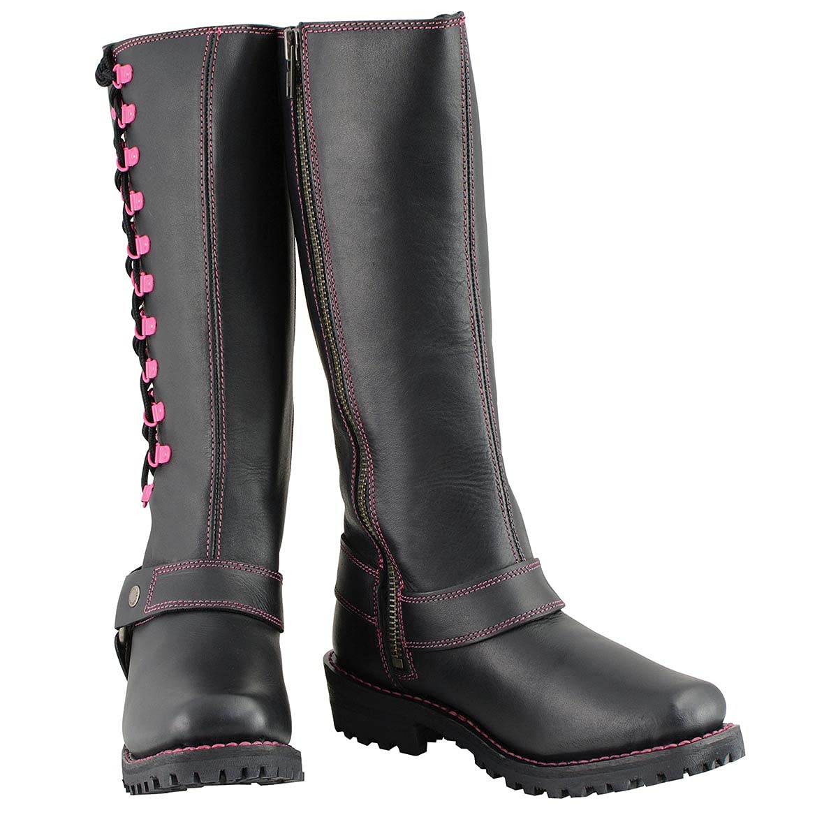 Milwaukee MBL9366 Women's 14-Inch Black Leather Motorcycle Boots with Purple Accent Lacing - Durable Riding Boots for Harley Davidson & Cruiser Bikes