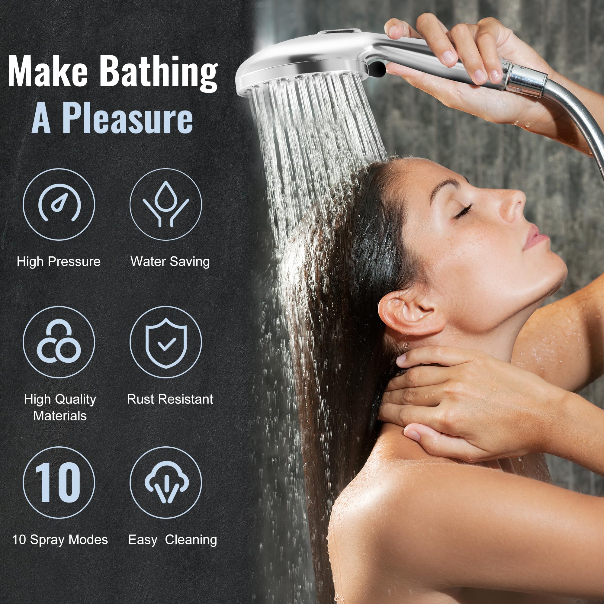 TRE Home High Pressure Shower Head with Handheld Spray - 10 Function Detachable Shower Head with Hose for Bathroom, Spa & Pet Washing (Water Saving & Easy Installation)