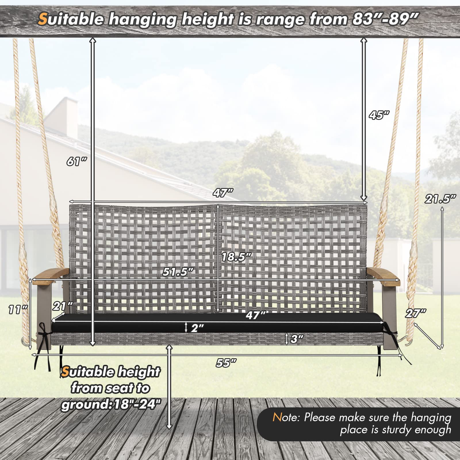 Happygrill 2-Person Outdoor Rattan Swing Chair with Acacia Wood Armrests - 118