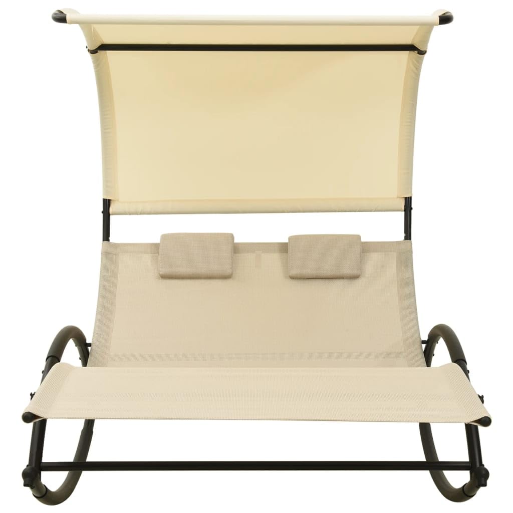 vidaXL Double Sun Lounger with Adjustable Canopy - Cream Textilene Fabric & Steel Frame - Comfortable Outdoor Patio Furniture with Pillows - Perfect for Poolside, Beach, and Backyard Relaxation