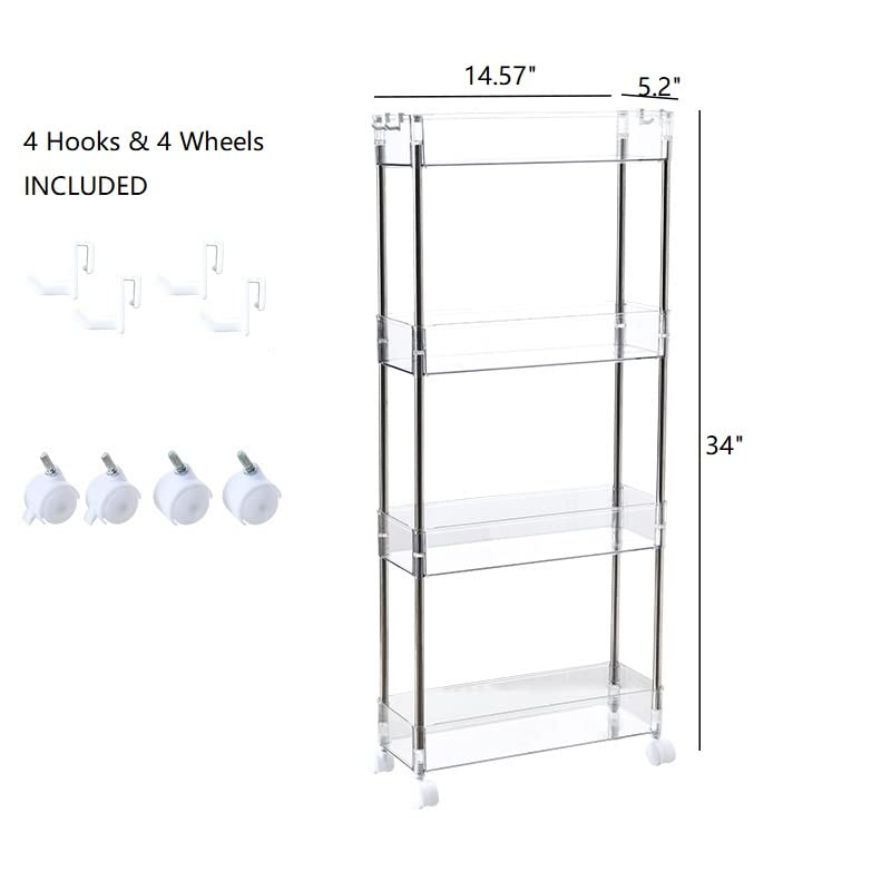 Chris.W 4-Tier Slim Storage Cart with Wheels - Clear Rolling Bathroom & Kitchen Organizer, Mobile Shelving Unit for Laundry, Office & Narrow Spaces (5.2