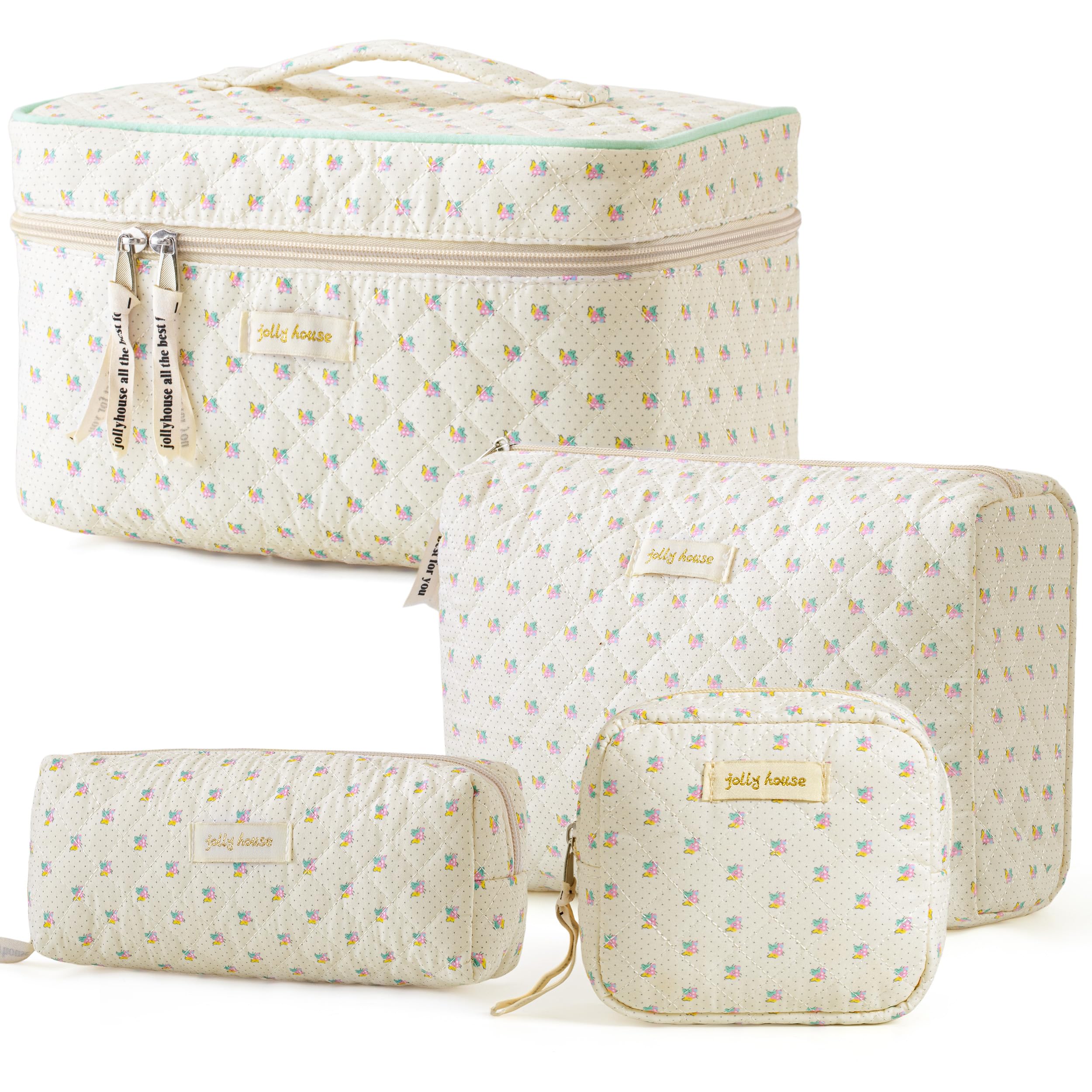 HBselect 4Pcs Cotton Quilted Makeup Bag Set - Large Travel Cosmetic Organizer, Cute Kawaii Floral Toiletry Pouch for Women & Girls - Perfect for Travel, Gym, Daily Use & Gift Giving