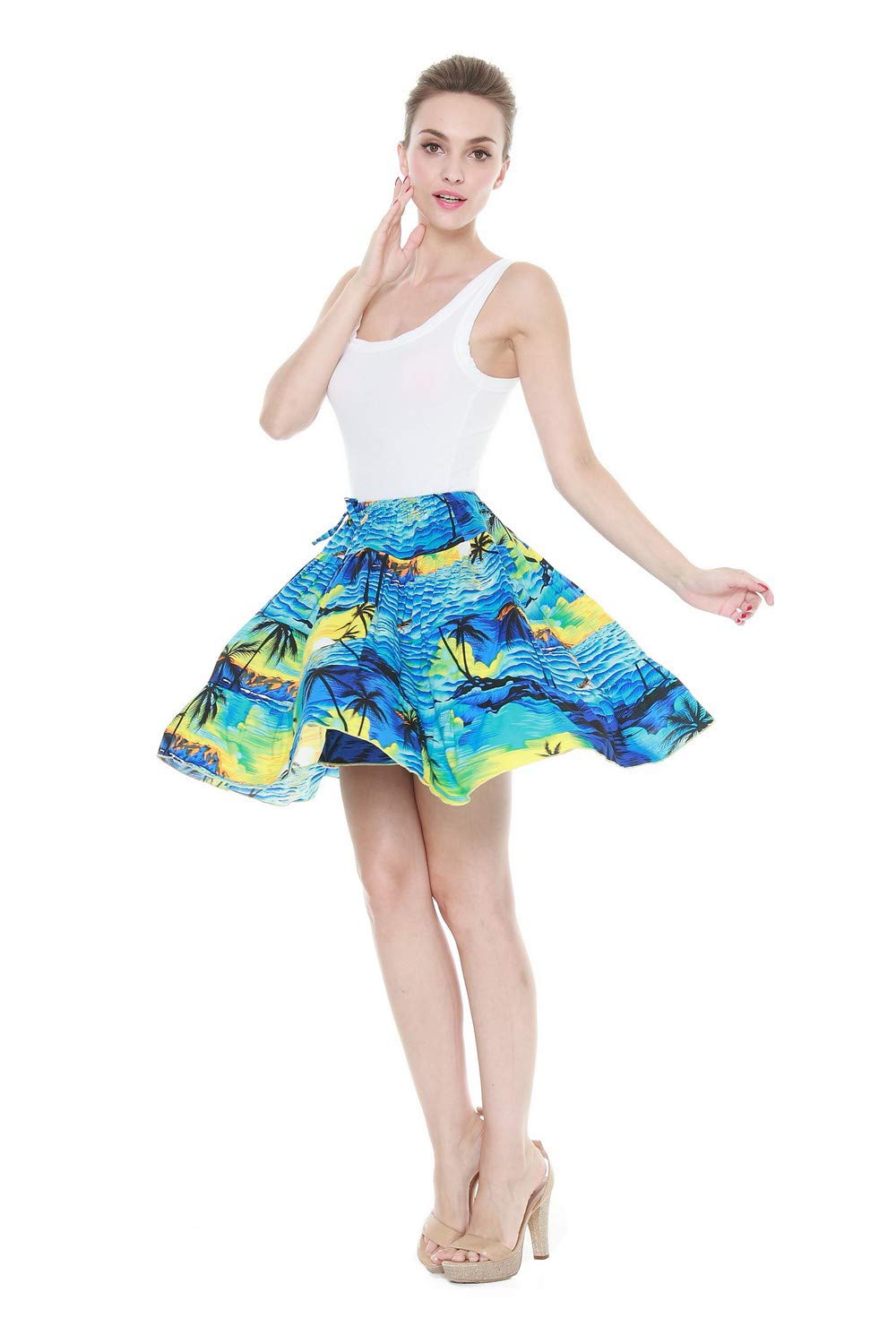 Women's Hawaiian Crinkle Maxi Skirt with Underlay - Sunset Blue Floral Beach Skirt for Vacation, Luau, Summer Outfits & Tropical Getaways