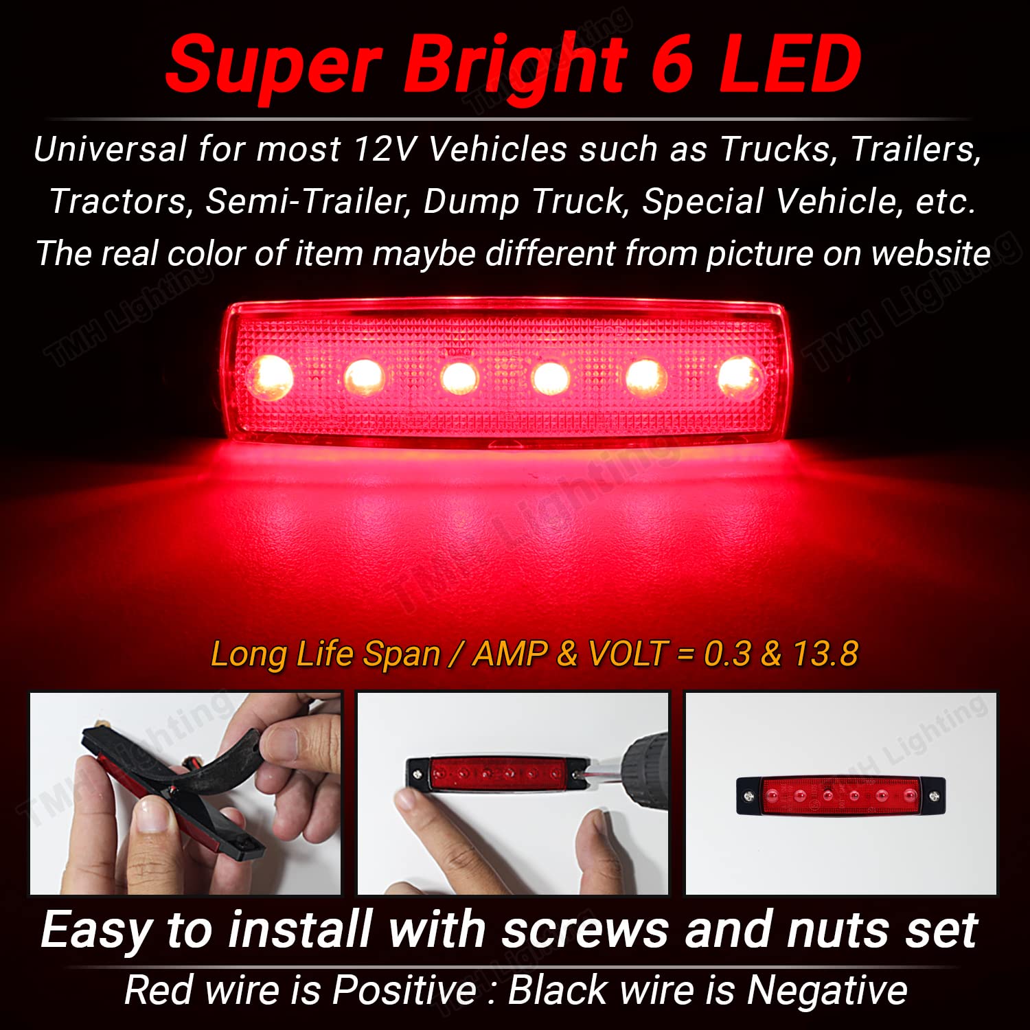 10 Pcs TMH 3.8 Inch 6 LED Red Side Marker Lights for Trailers, RVs & Trucks - Waterproof, Durable & Bright for Night Driving Safety