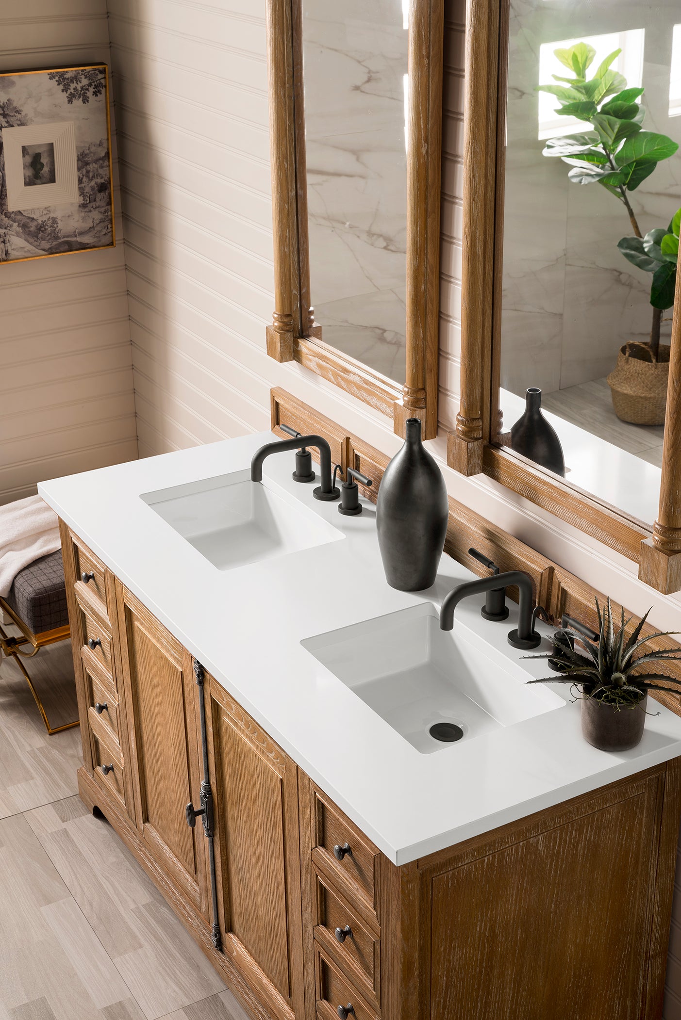 Providence 60 Inch Double Vanity Cabinet in Driftwood Finish with 3CM Classic White Quartz Top – Perfect for Modern Bathroom Renovations & Spa-Like Master Suites