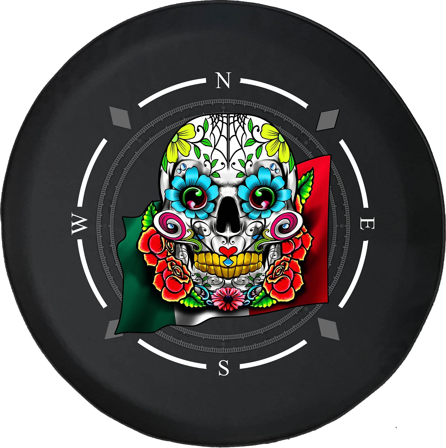 Spare Tire Cover with Compass & Mexican Flag Sugar Skull Design - Universal Fit for SUV, Trailer, RV & Most Vehicles - Durable Wheel Protection for Off-Road Adventures & Camping Trips
