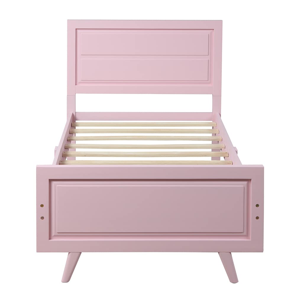**Pink Twin Size Platform Bed Frame with Wood Slat Support - Rectangular Headboard & Footboard - Sturdy Bedroom Furniture with Under-Bed Storage Space - Perfect for Small Rooms, Kids' Bedrooms & Modern Apartments**