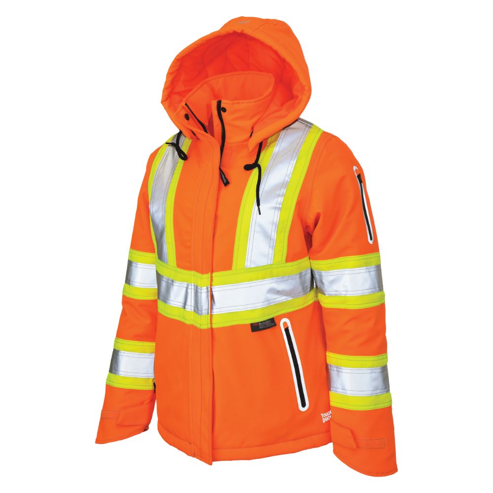 Tough Duck Women's High Visibility Insulated Flexible Safety Work Jacket SJ41 - Orange | Reflective Winter Construction Jacket for Outdoor Work & Cold Weather Protection
