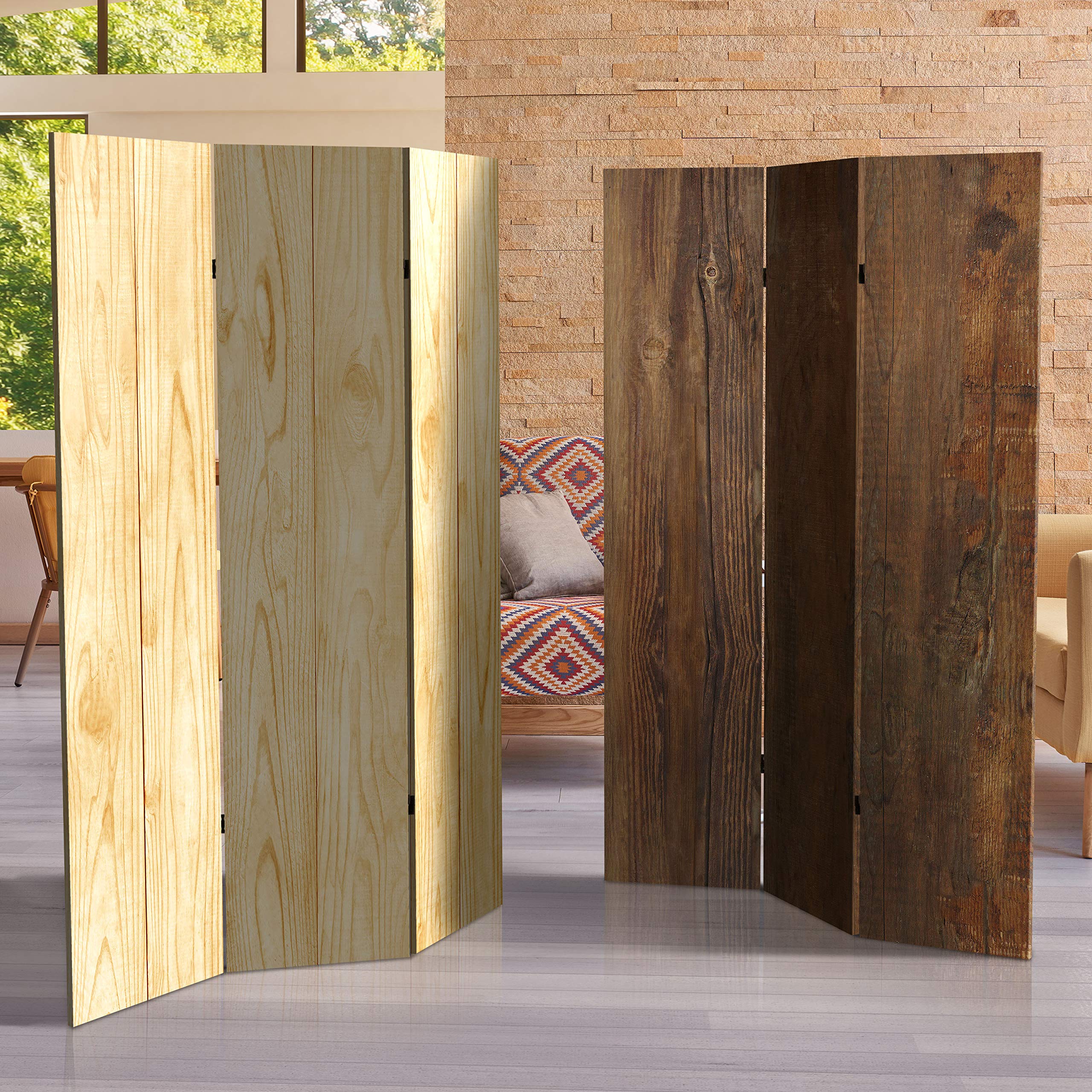 6 ft. Tall Red Lantern Double Sided Wood Grain Canvas Room Divider - Freestanding Asian Style Partition Screen for Home Decor, Office Privacy & Event Backdrop