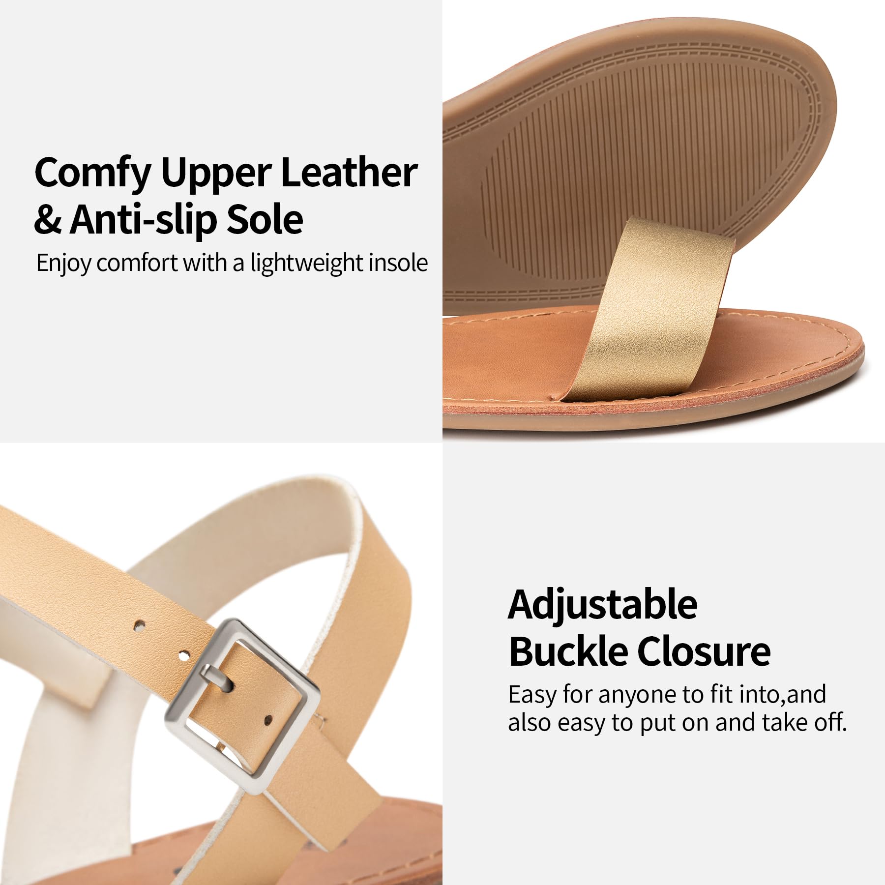 Stylish Women's Leather Flat Sandals with Adjustable Metal Buckle – Elegant Gladiator Ankle Strap Sandals for Summer, Weddings & Dressy Occasions | Comfortable Open-Toe Two-Tone Sandals for Women