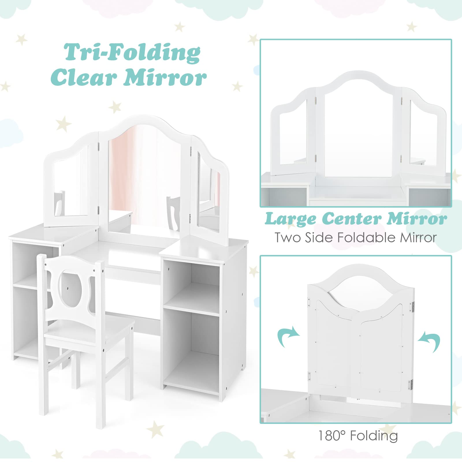 INFANS Kids Vanity Set - 2-in-1 Princess Makeup Desk & Chair with Tri-Folding Mirror, Large Storage Shelves, Wooden Pretend Play Dressing Table for Girls - Perfect for Birthday Gifts & Bedroom Decor