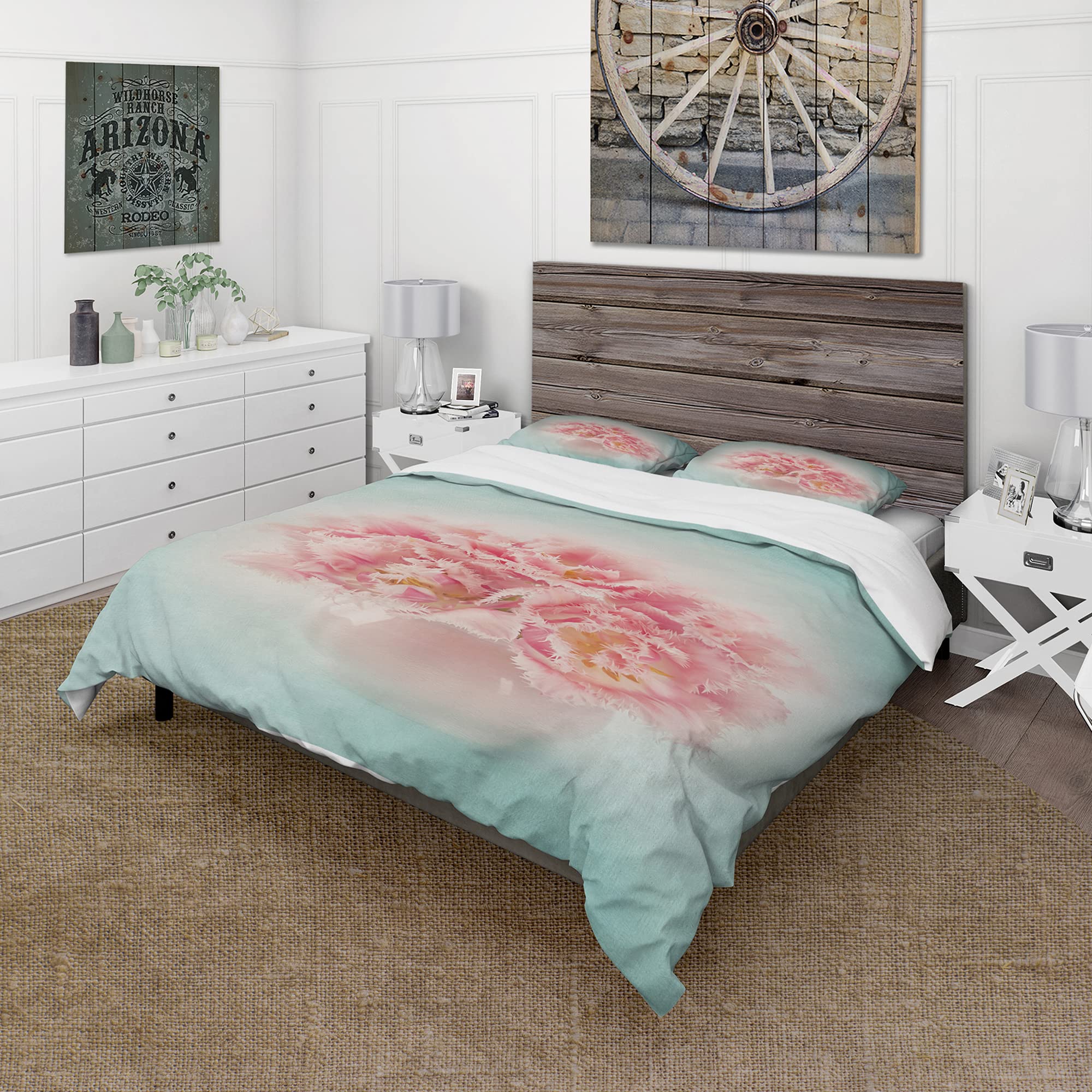 Pink Tulips in Vase Nautical Coastal Duvet Cover Set King Size - 3 Piece Floral Bedding Collection for All Seasons | Perfect for Beach House, Coastal Decor & Master Bedroom