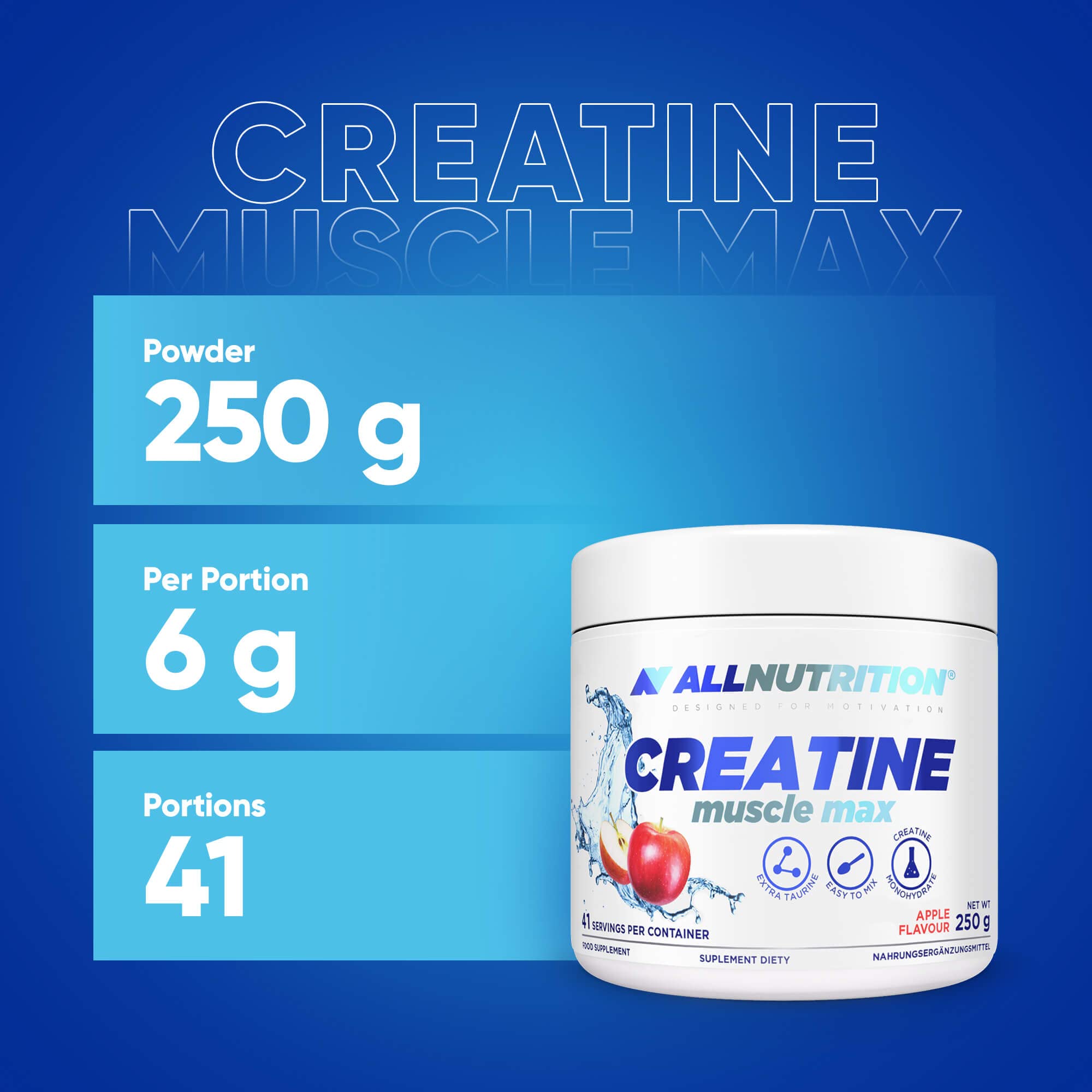 Creatine Muscle Max Supplement - 250g Powder for Strength & Muscle Growth | Pre & Post Workout, Gym & Fitness | Apple Flavor
