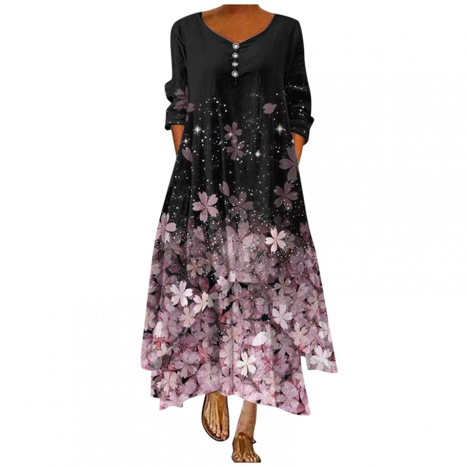 FABIURT Women's Casual Summer Floral Print Maxi Dress - Loose V-Neck Bohemian Long Dress for Plus Size | Perfect for Beach Vacations, Music Festivals & Boho Chic Outfits