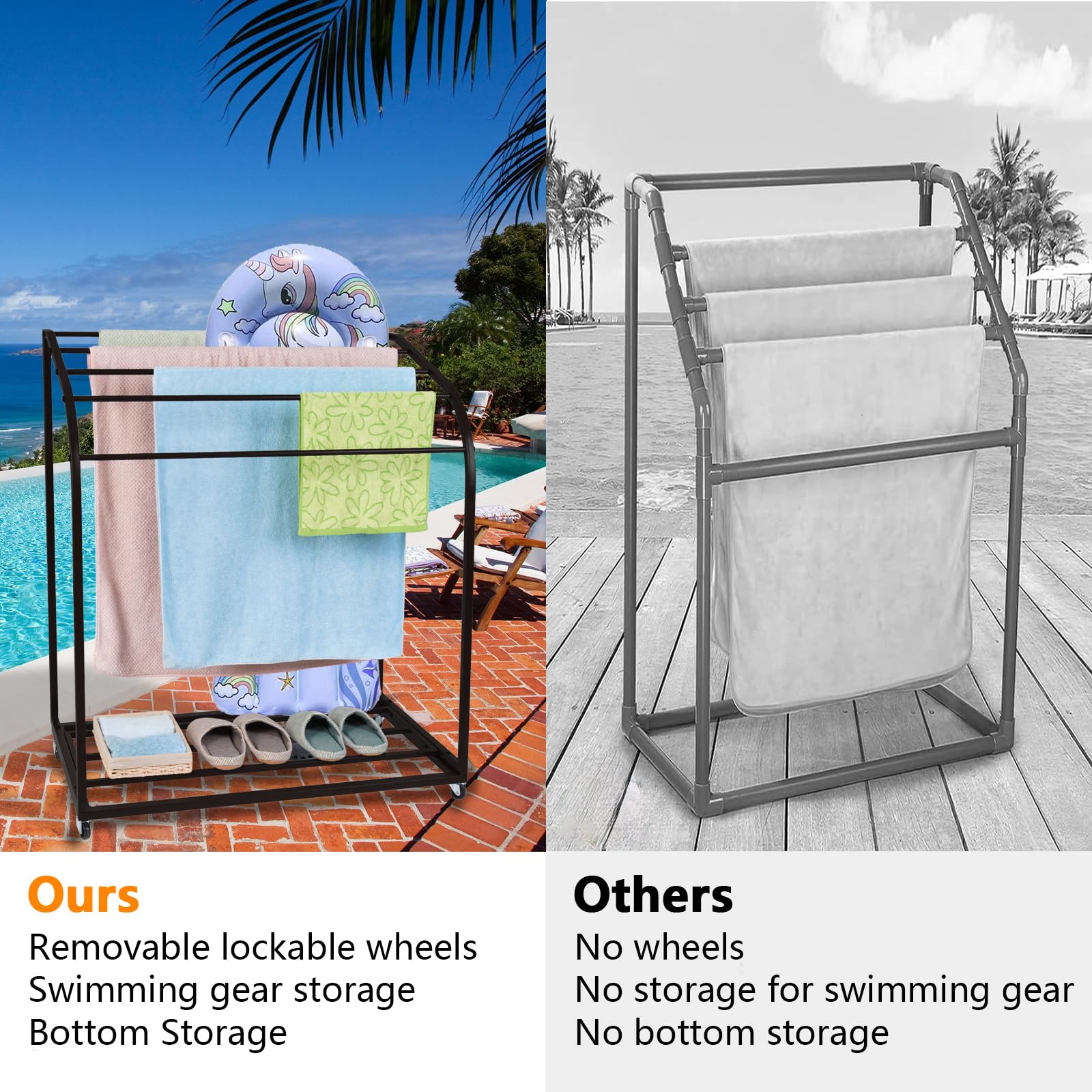 **GAOMON 5-Bar Outdoor PVC Pool Towel Rack with Wheels - Heavy-Duty Poolside Storage Organizer for Towels, Floats & Paddles - Portable Towel Holder Stand for Beach, Pool, Patio & Indoor Use**