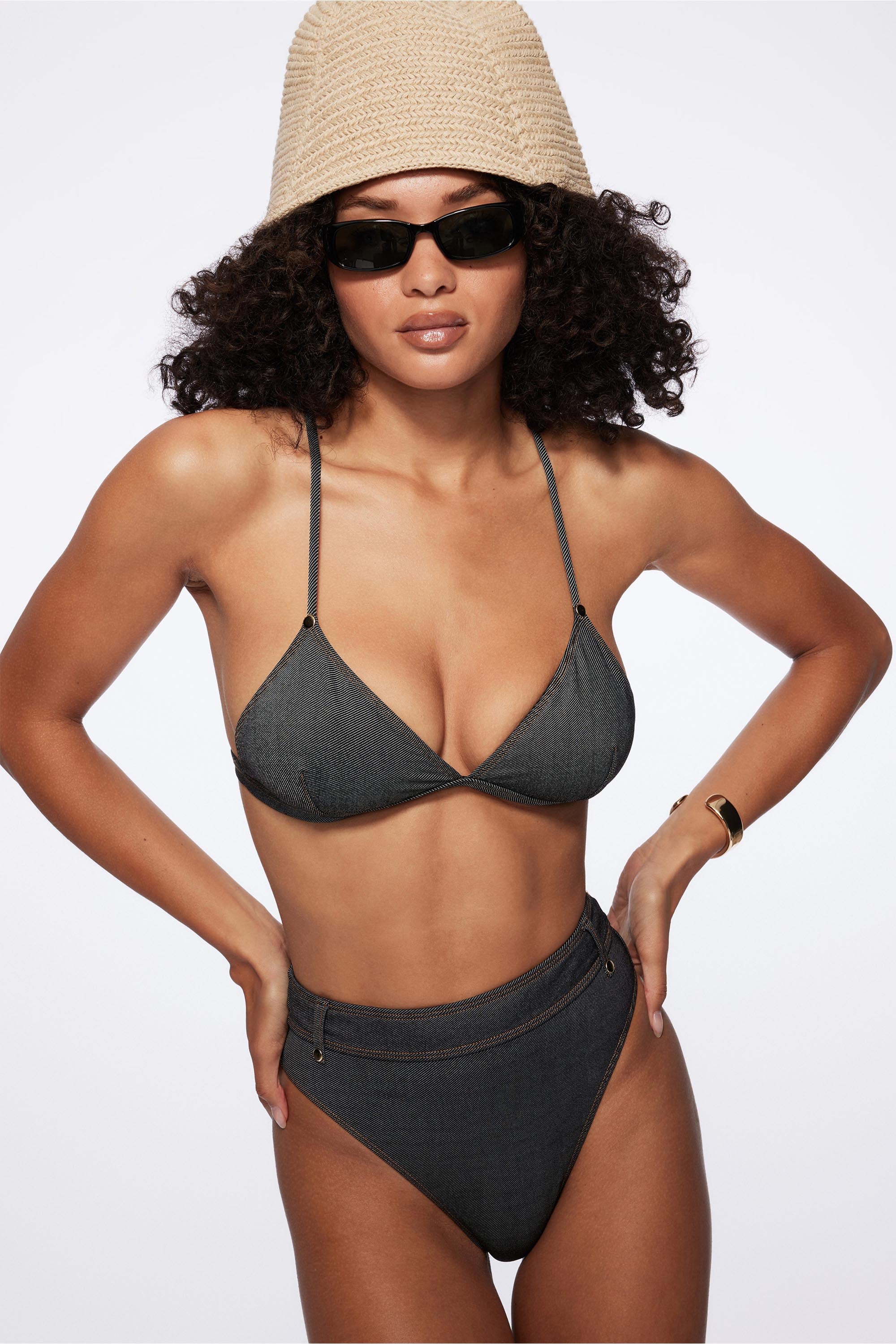 Raw Denim Fixed Triangle Top in Black Denim - Stylish Women's Fashion for Casual Outings & Streetwear Looks